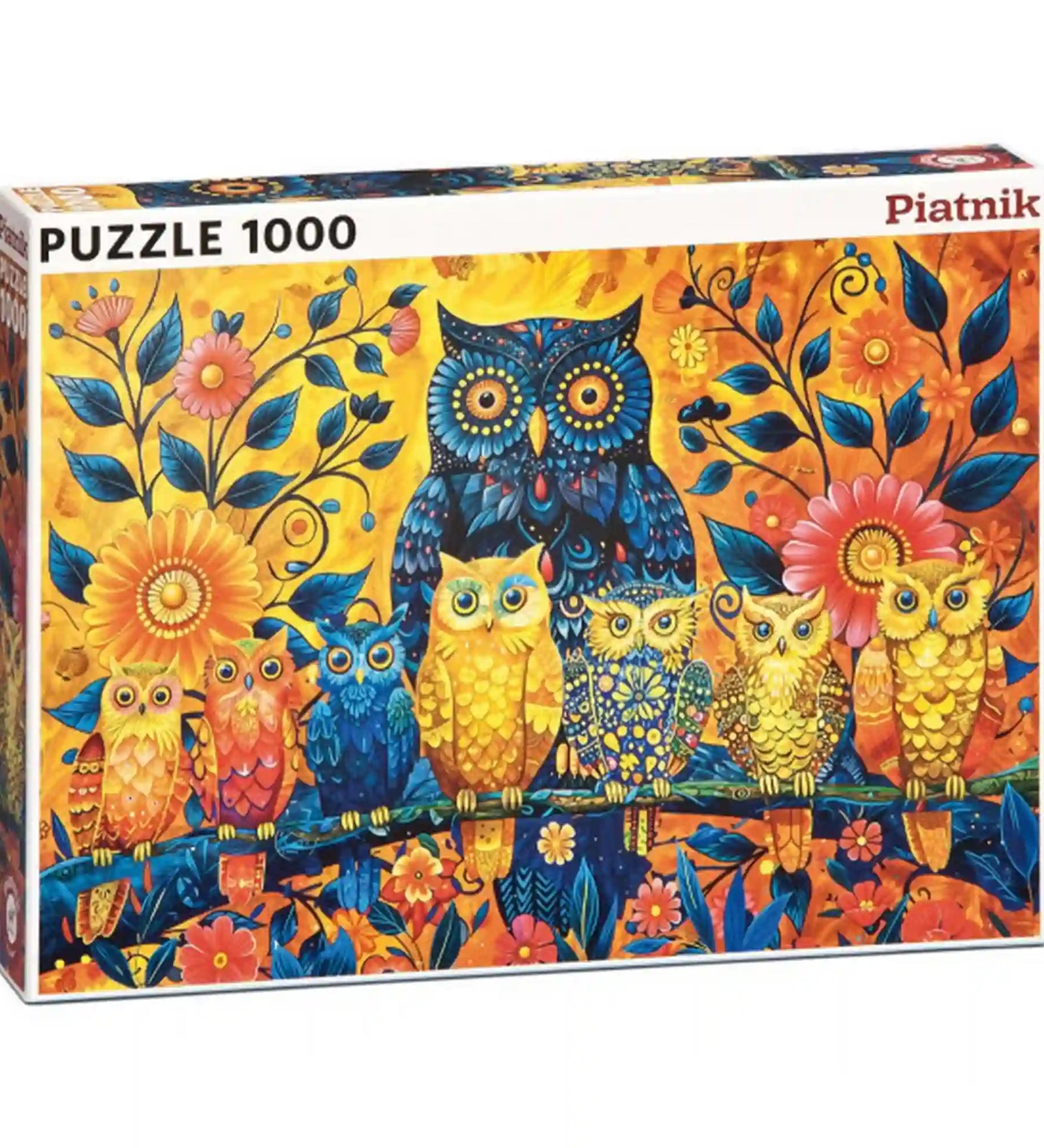 Piatnik Colorful Owls 1000 darabos puzzle doboza, színes baglyokkal egy ágon, virágokkal és díszes természetmotívumokkal, élénk kék, sárga és narancssárga színekben.