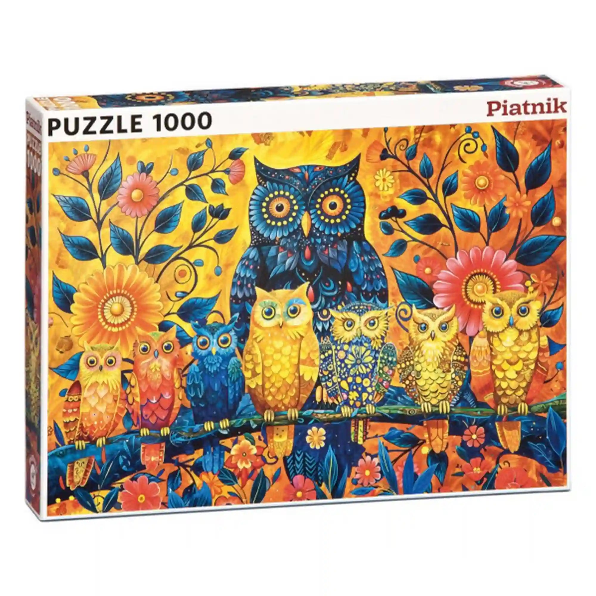 Piatnik Colorful Owls 1000 darabos puzzle doboza, színes baglyokkal egy ágon, virágokkal és díszes természetmotívumokkal, élénk kék, sárga és narancssárga színekben.