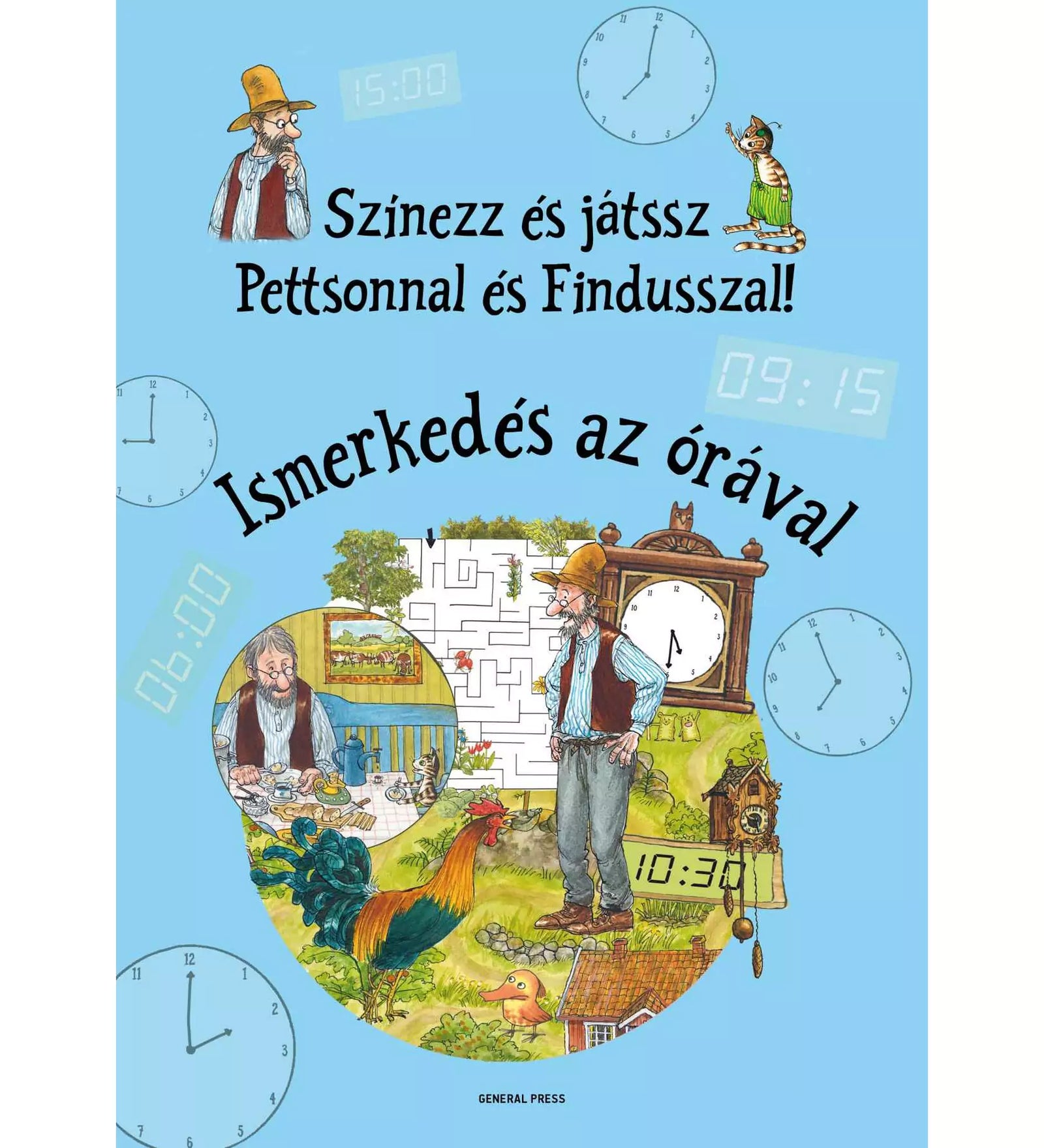 A „Színezz és játssz Pettsonnal és Findusszal! – Ismerkedés az órával” borítója, amelyen Pettson áll egy nagy ingaóra előtt, körülötte színes illusztrációk és különböző analóg és digitális órák láthatók.