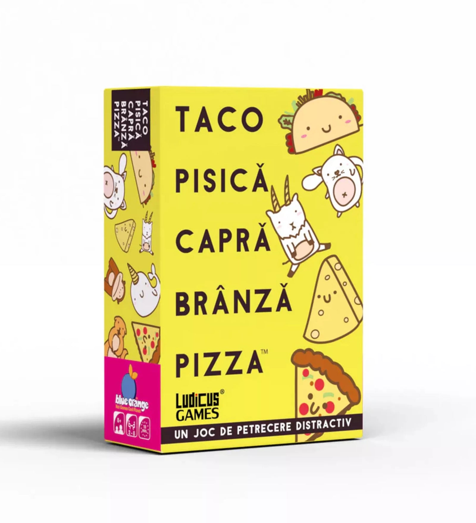 Taco Pisică Capră Brânză Pizza társasjáték dobozkép vidám taco, cica, kecske, sajt és pizzaszelet illusztrációkkal