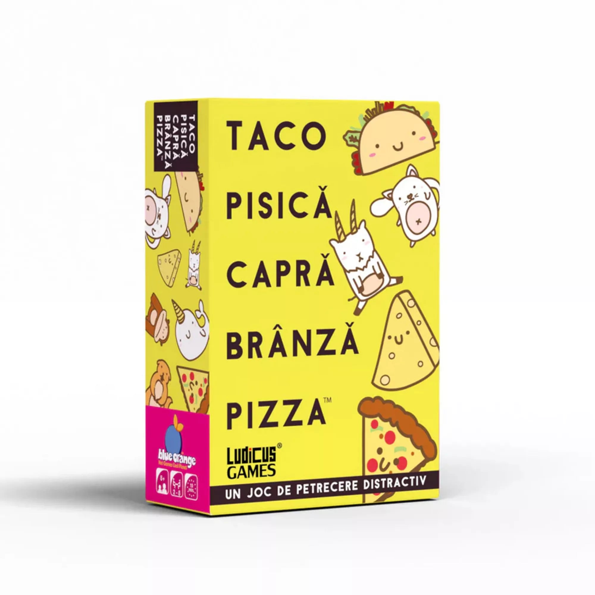 Taco Pisică Capră Brânză Pizza társasjáték dobozkép vidám taco, cica, kecske, sajt és pizzaszelet illusztrációkkal