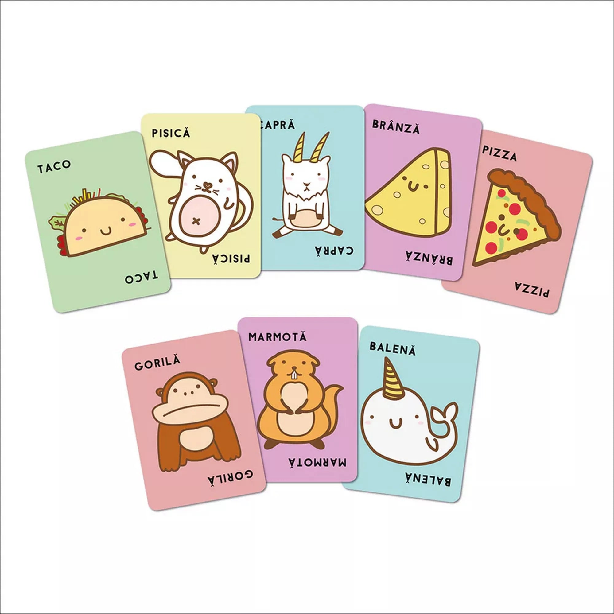 Taco Pisică Capră Brânză Pizza társasjáték kártyák taco, pisică, capră, brânză, pizza, gorilă és balenă grafikákkal