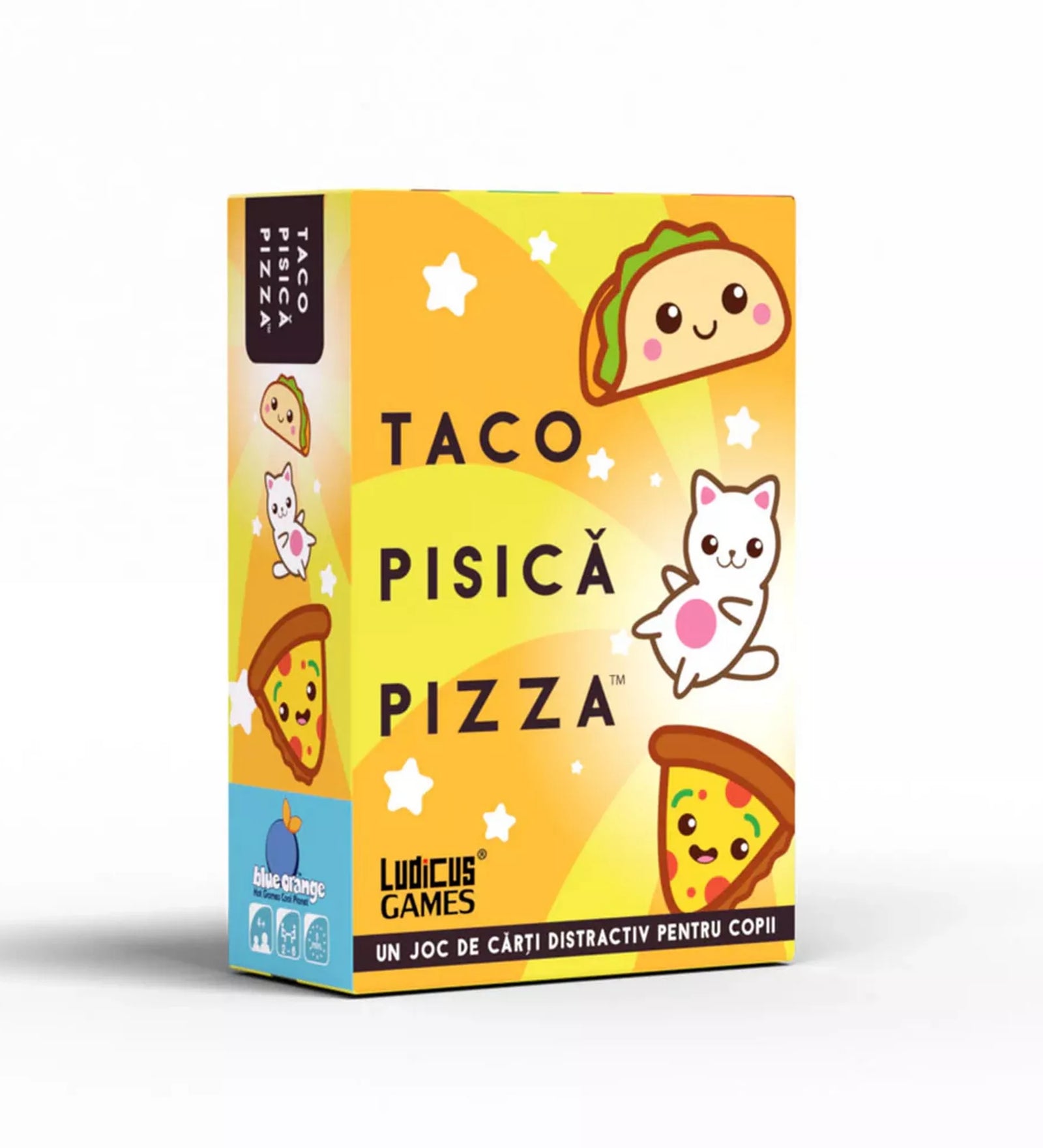 Taco Pisică Pizza társasjáték dobozkép vidám taco, cica és pizzaszelet grafikával, Ludicus Games kiadás