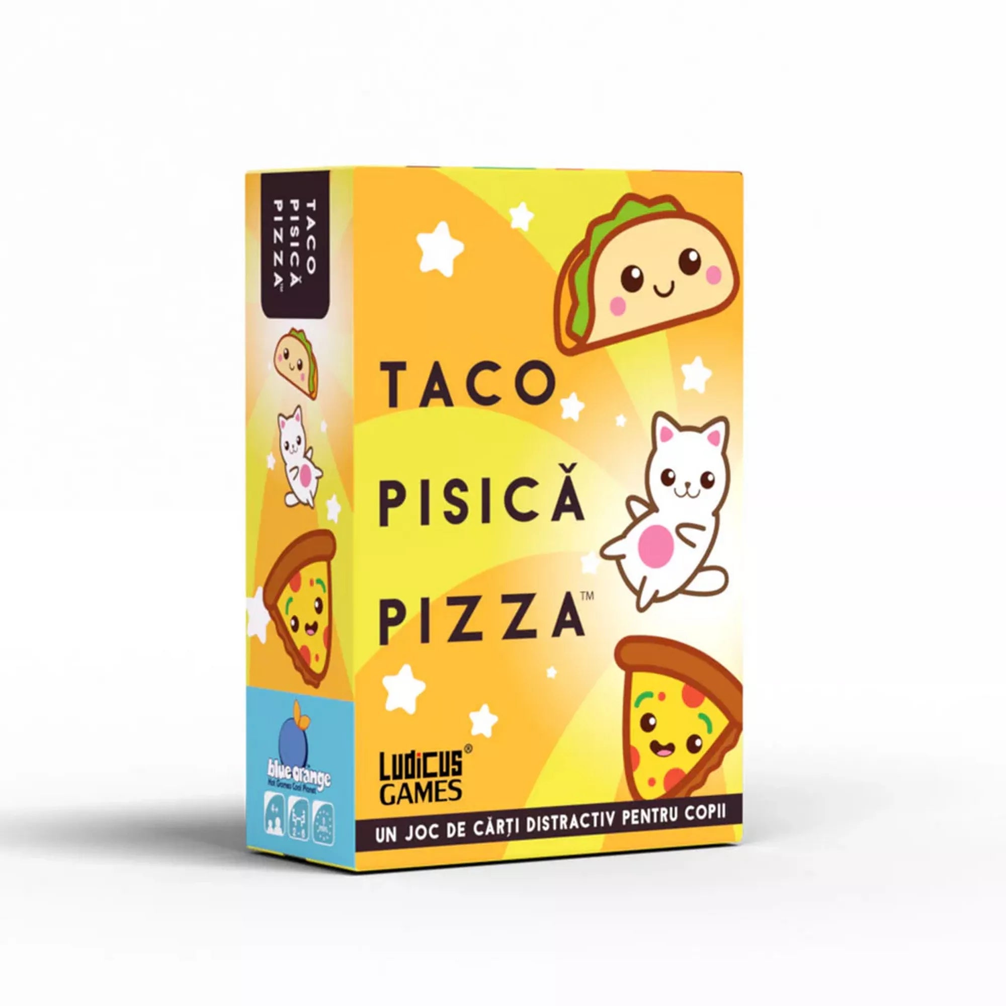 Taco Pisică Pizza társasjáték dobozkép vidám taco, cica és pizzaszelet grafikával, Ludicus Games kiadás