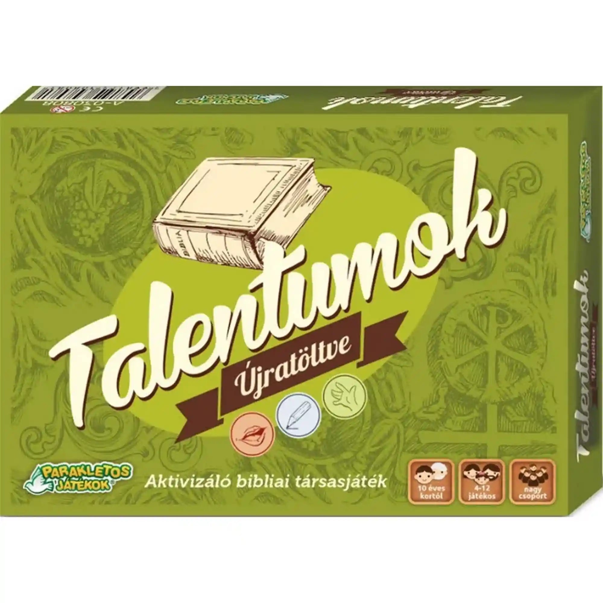 Talentumok – Újratöltve bibliai aktivitás társasjáték doboza zöld borítóval, rajzolós, mutogatós és körülírós feladatokkal.