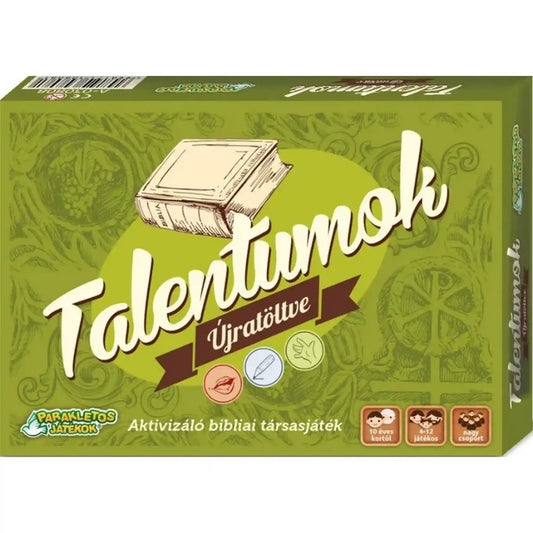 Talentumok – Újratöltve bibliai aktivitás társasjáték doboza zöld borítóval, rajzolós, mutogatós és körülírós feladatokkal.