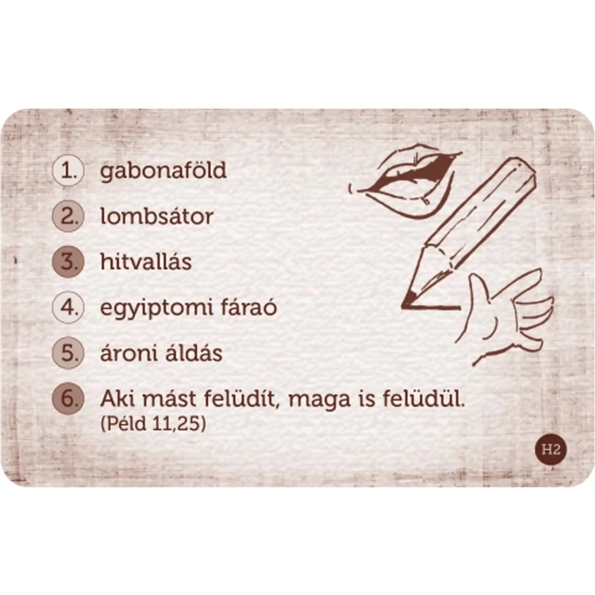 Talentumok – Újratöltve társasjáték játékkártyája bibliai szavakkal és idézettel, rajzolás, mutogatás vagy körülírás feladatokhoz.