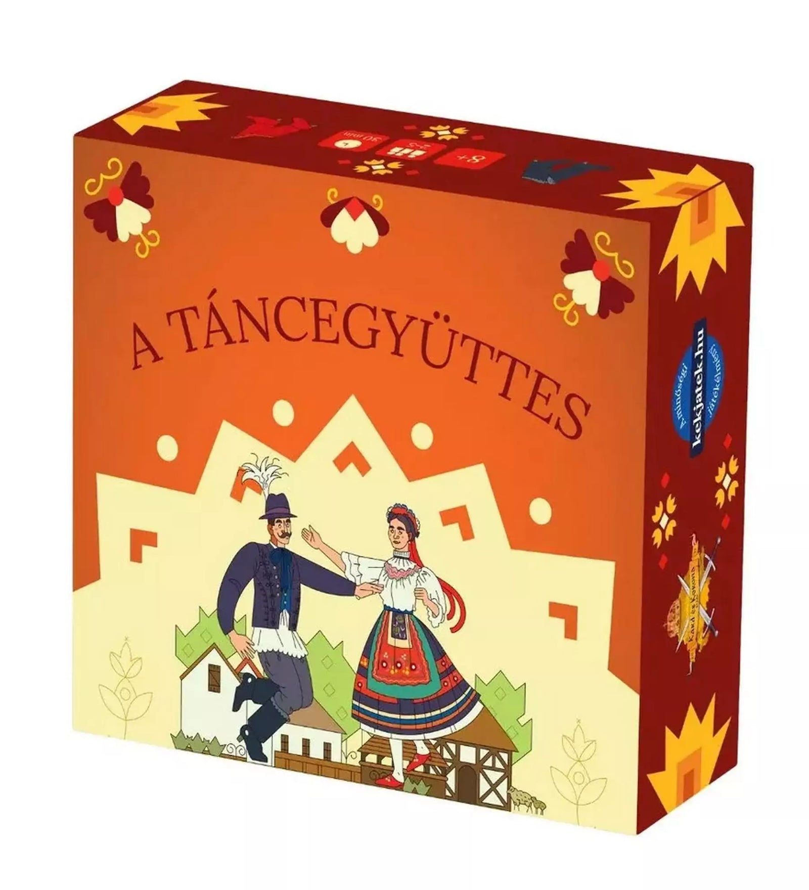 A Táncegyüttes társasjáték színes doboza néptáncot járó párral és hagyományos mintákkal.