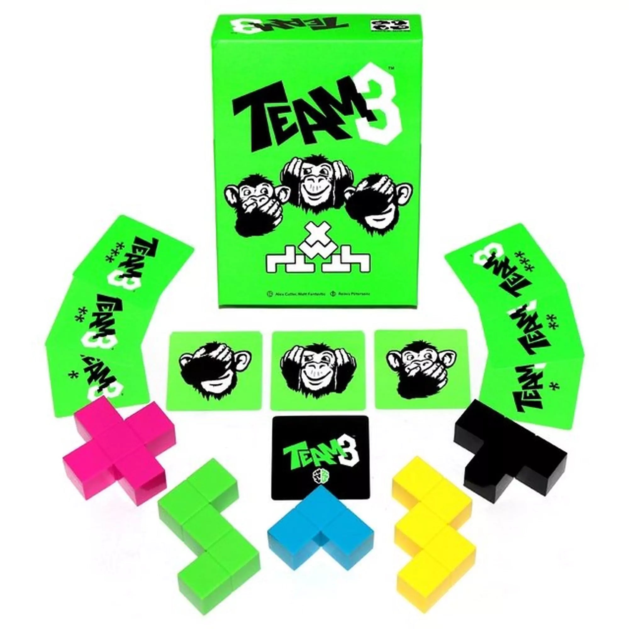Élénkzöld dobozú Team 3 társasjáték, színes Tetris-szerű építőelemekkel és majmokat ábrázoló kártyákkal kirakva.