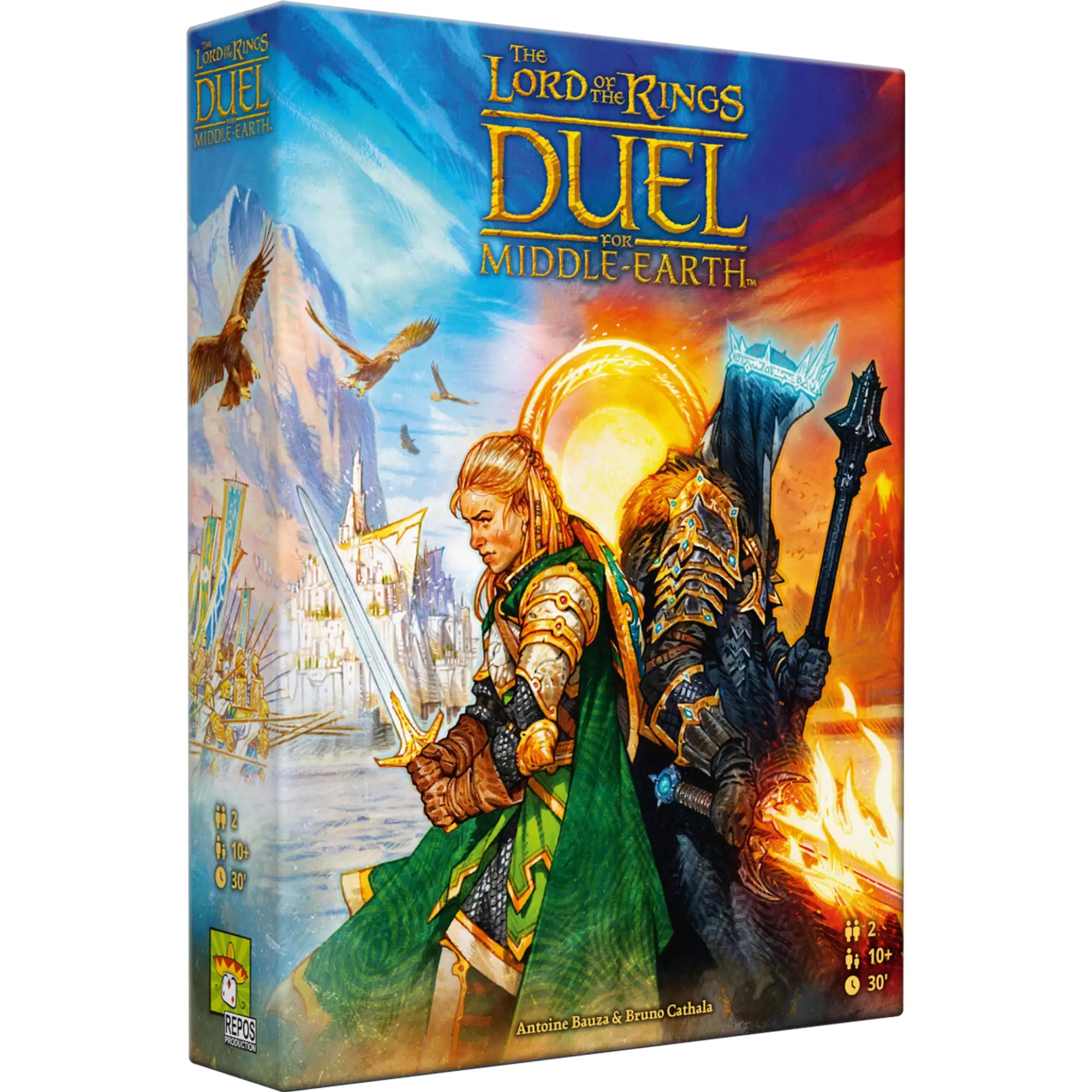 „The Lord of the Rings: Duel for Middle-Earth társasjáték doboza oldalnézetből, szemben a Szövetség és Szauron illusztrált alakjaival.”