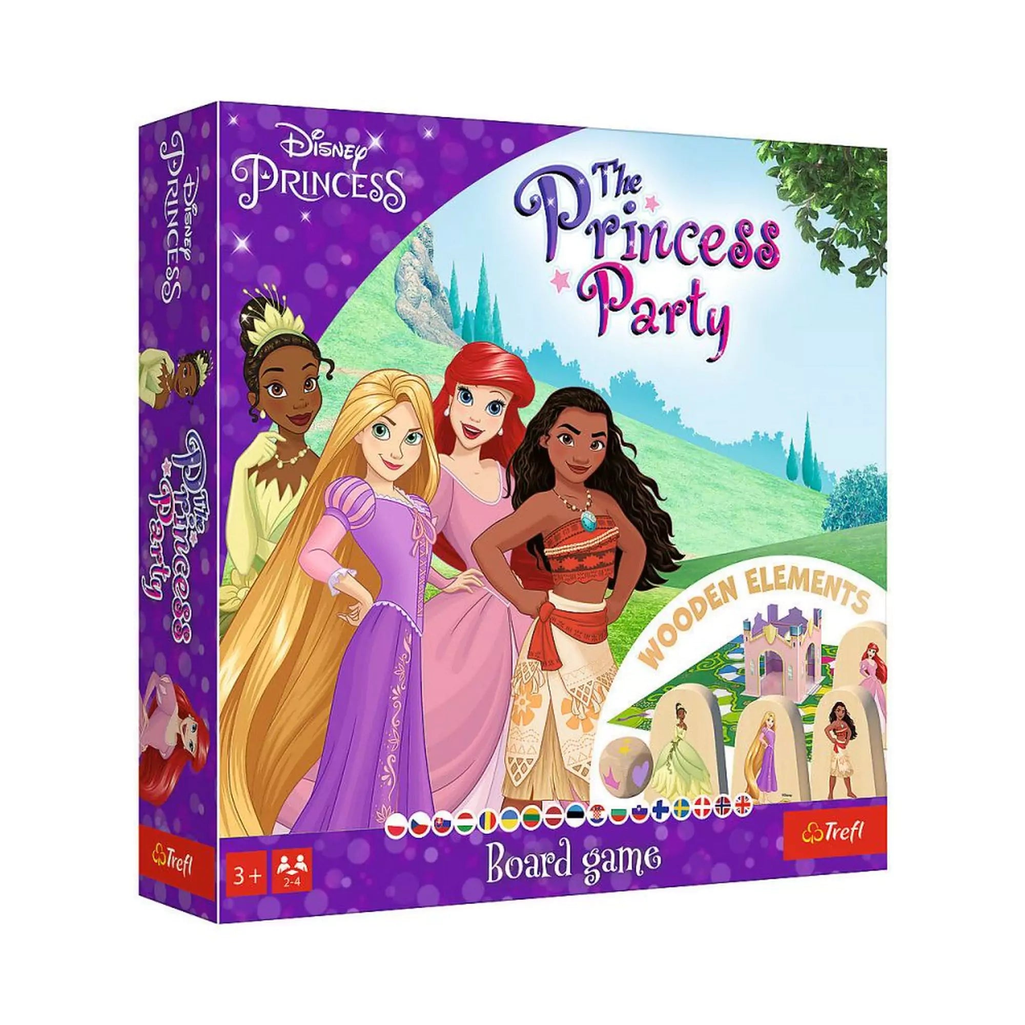 A Hercegnői buli társasjáték doboza Disney hercegnőkkel: Rapunzel, Ariel, Moana és Tiana látható a színes borítón.