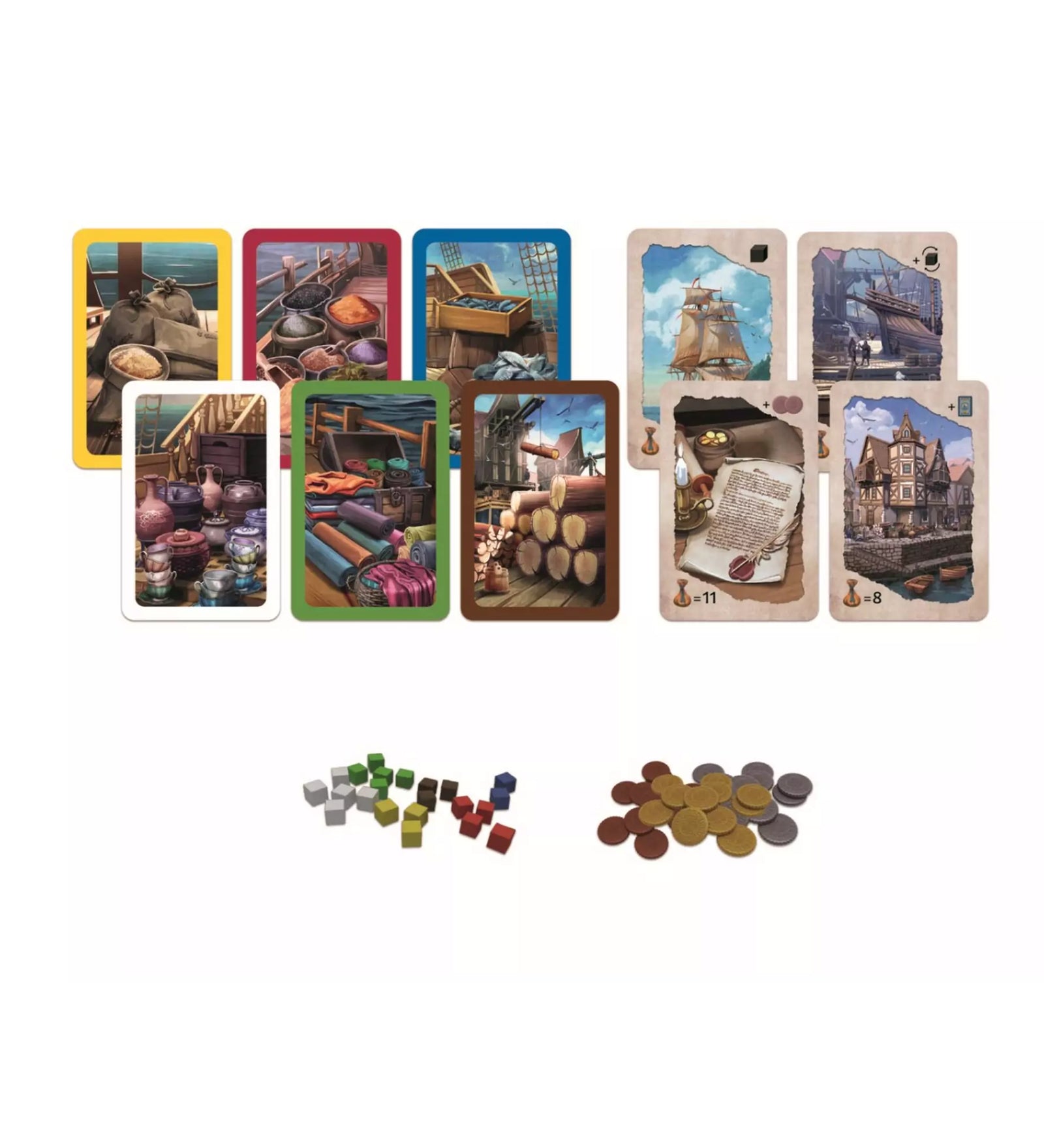 The Sea Merchants társasjáték tartalma: színes árukártyák, hajó- és városkártyák, fa árukockák és aranyszínű érmekorongok.