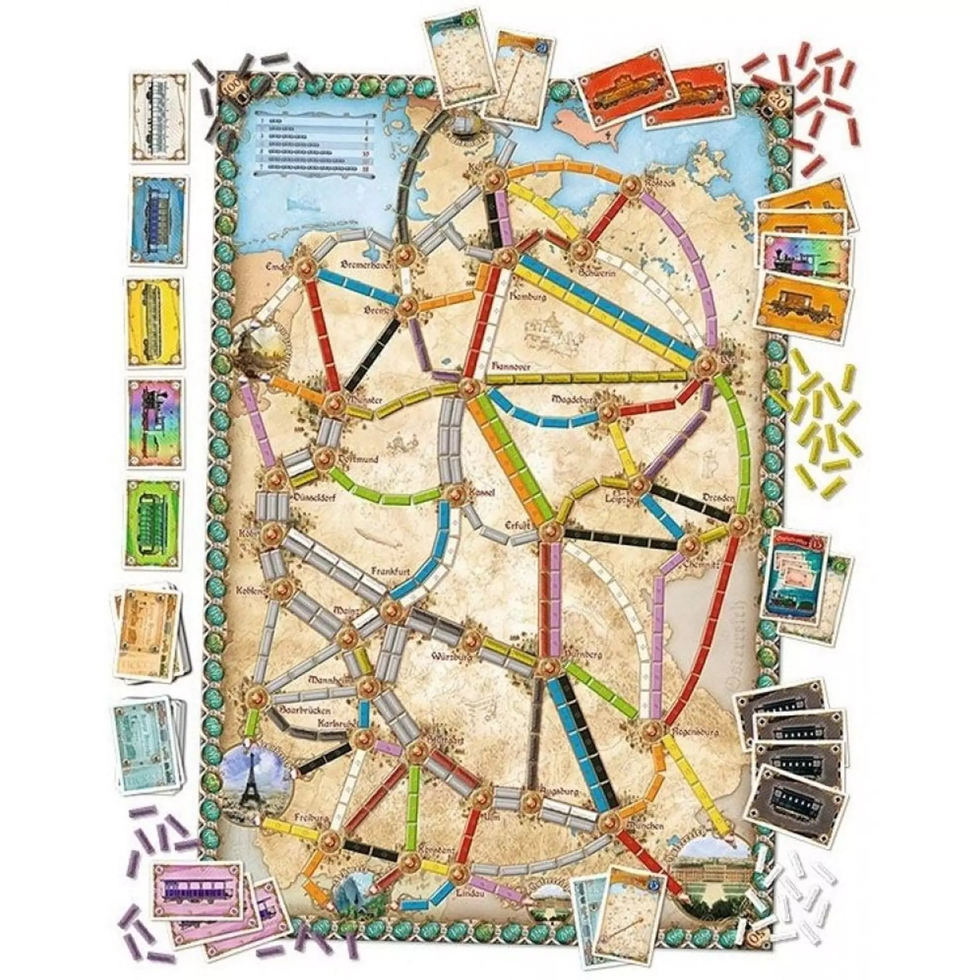 „Ticket to Ride: Germany angol nyelvű társasjáték térképe és komponensei, városokat összekötő színes útvonalakkal és kártyákkal körülvéve.”
