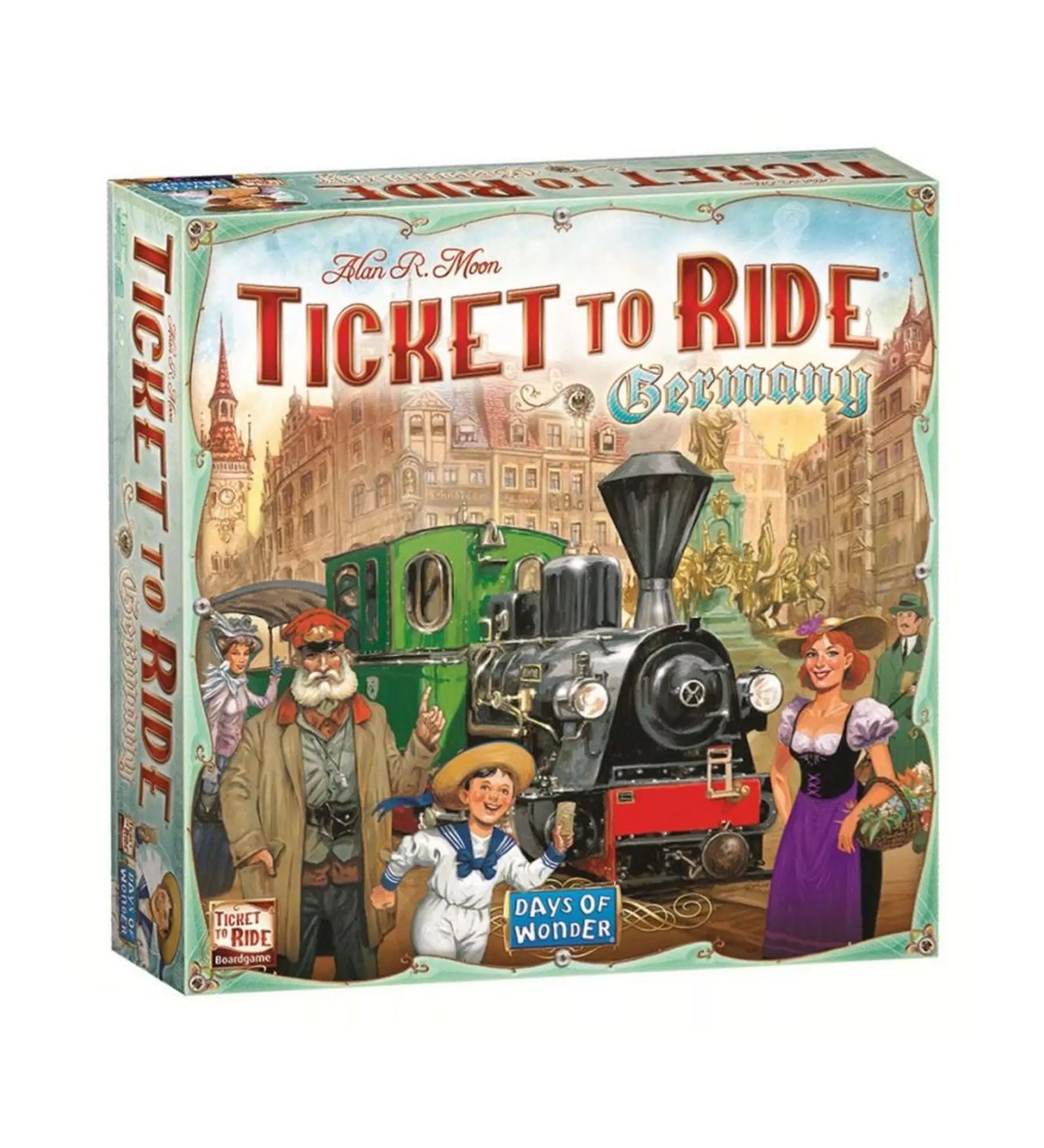 „Ticket to Ride: Germany angol nyelvű társasjáték doboza, színes illusztrációval és gőzmozdonnyal a városi háttér előtt.”