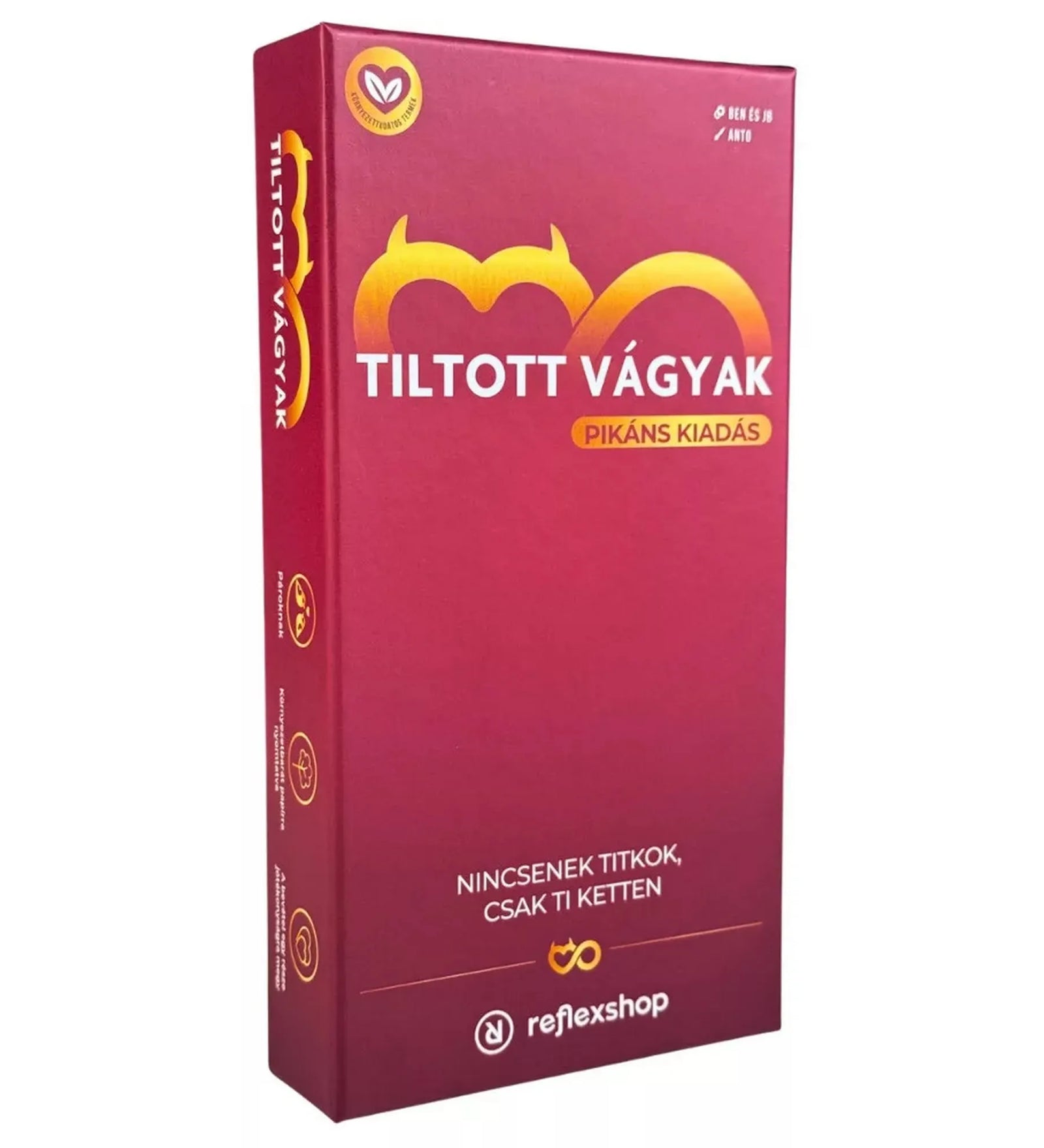 Tiltott vágyak: Pikáns kiadás doboza enyhén oldalnézetből, fehér háttéren készült termékfotón.