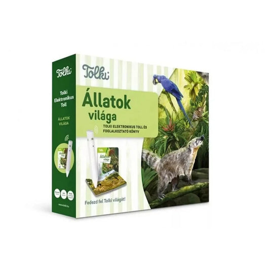olki Állatok világa interaktív hangoskönyv készlet elektronikus tollal, állatos ismeretterjesztő könyv színes dzsungelillusztrációval és több mint 900 hanganyaggal gyermekek számára.
