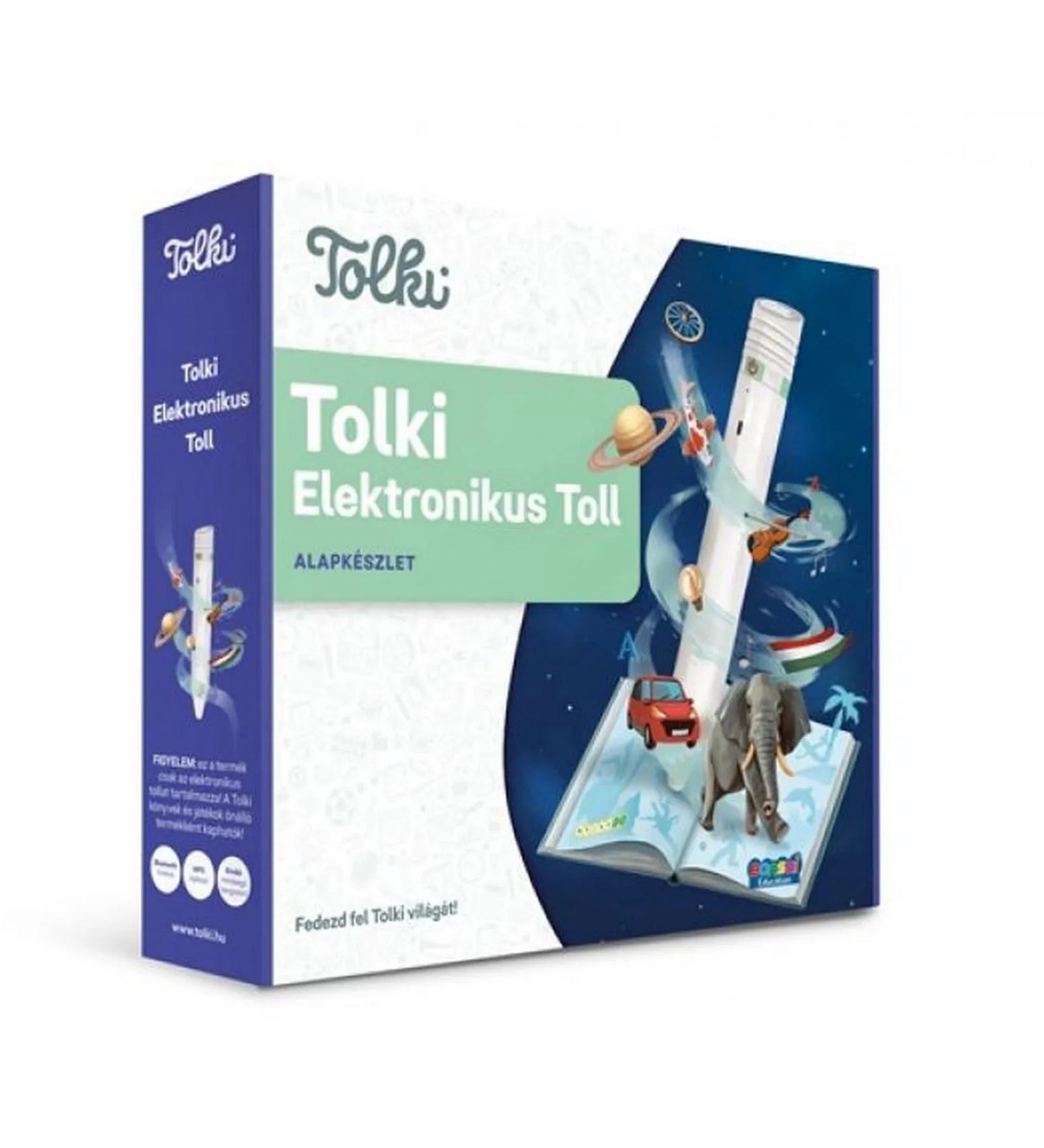 A Tolki Elektronikus Toll alapkészlet doboza, amelyen a tollból előtűnő 3D-s elemek – például elefánt, autó, delfin és bolygók – jelennek meg egy nyitott könyv fölött.