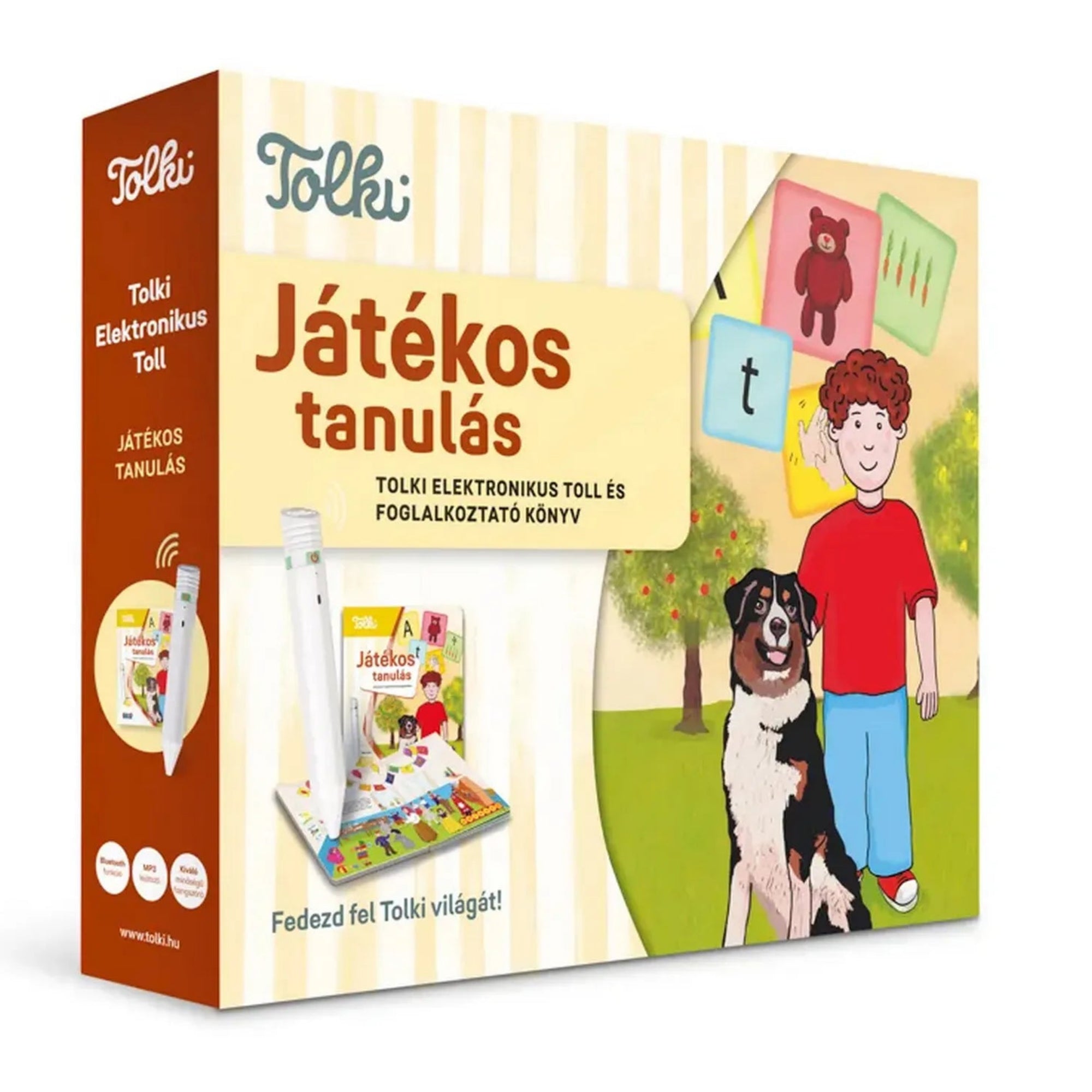 A Tolki Játékos tanulás készlet doboza, rajta a fiú és kutya illusztrációjával, valamint az elektronikus toll és a foglalkoztató könyv képeivel.