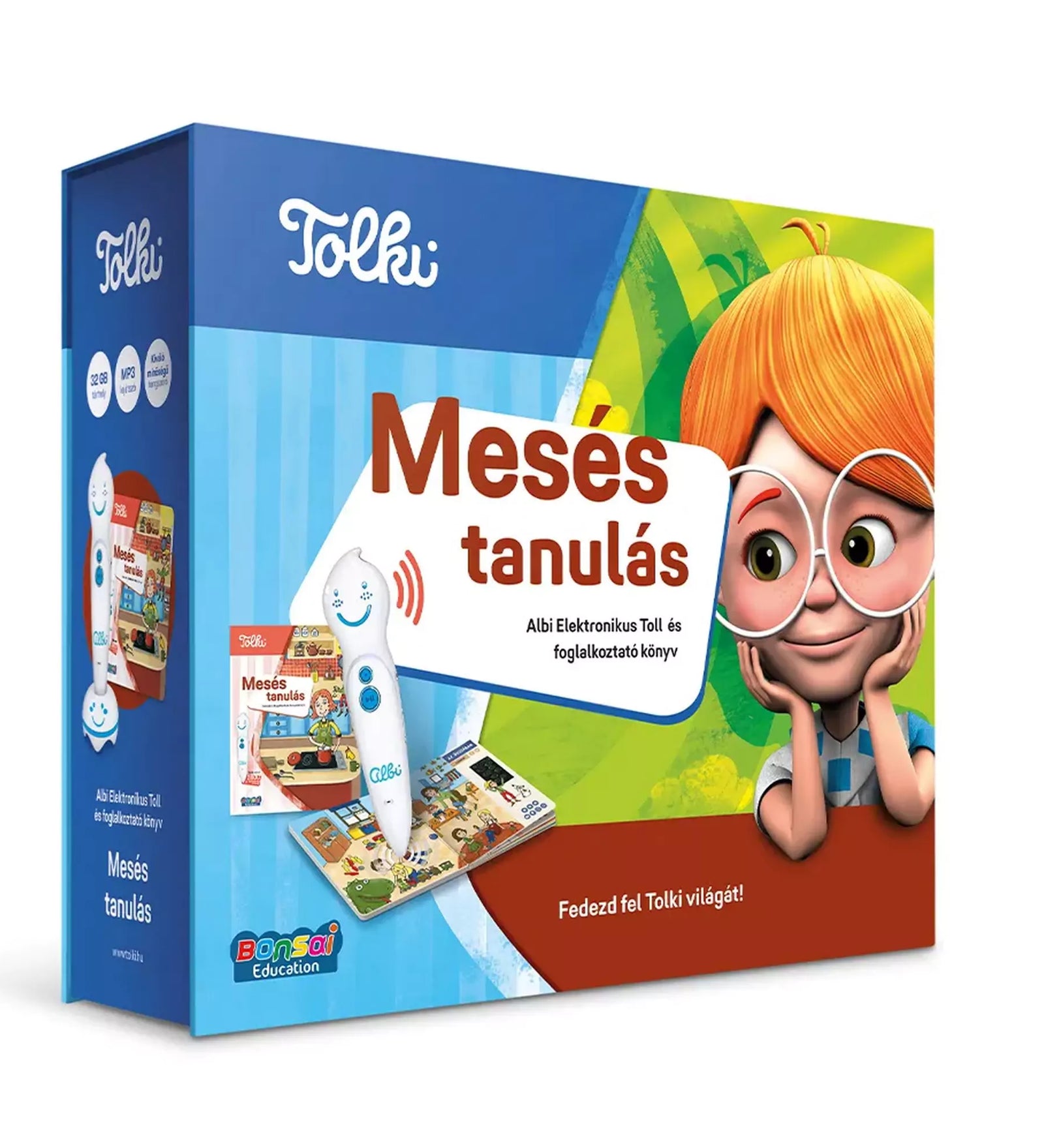 A Tolki Mesés tanulás szett színes doboza, rajta az interaktív toll és a foglalkoztató könyv illusztrációja.
