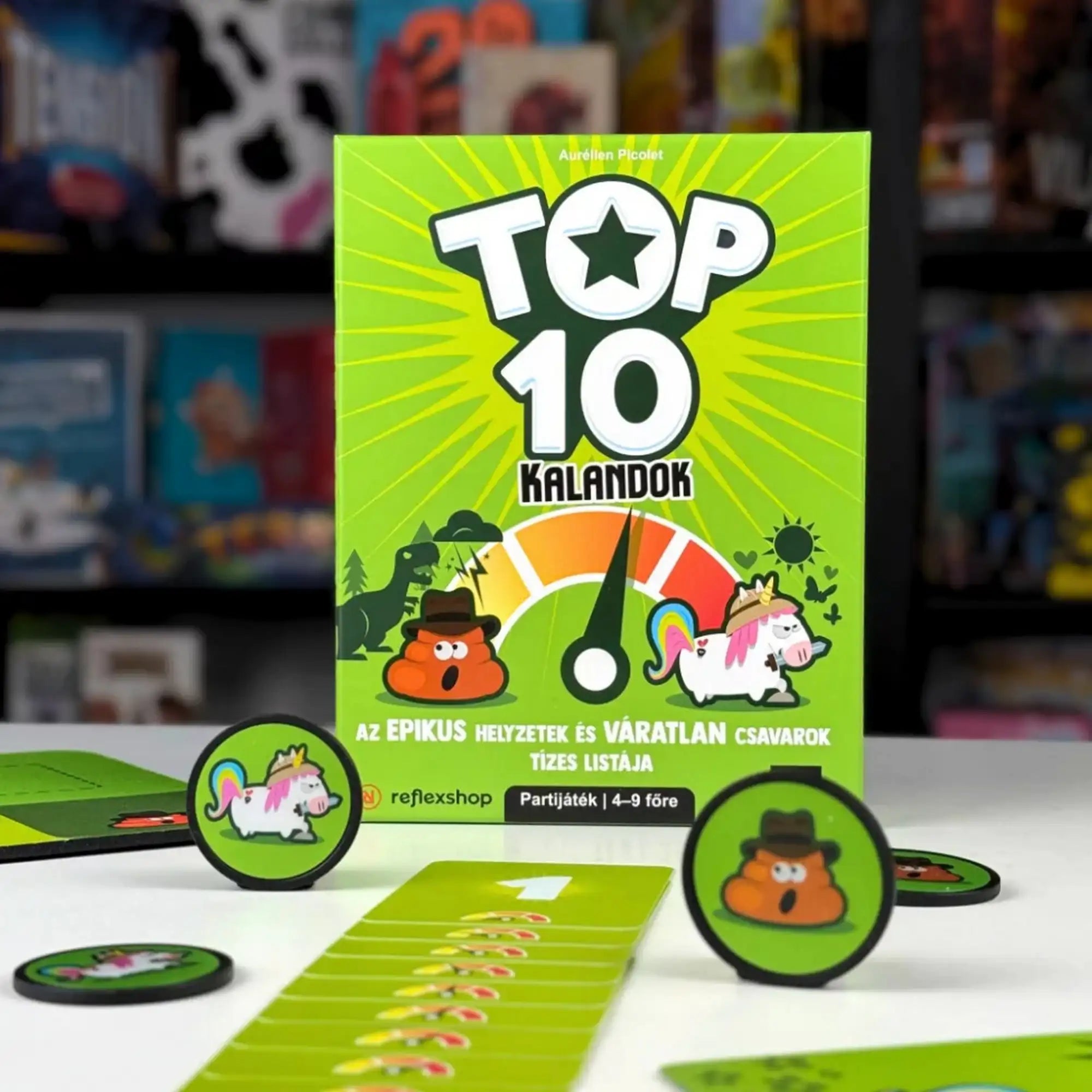 Top 10 Kalandok magyar nyelvű társasjáték doboza, számozott kártyái és karakterzsetonjai.