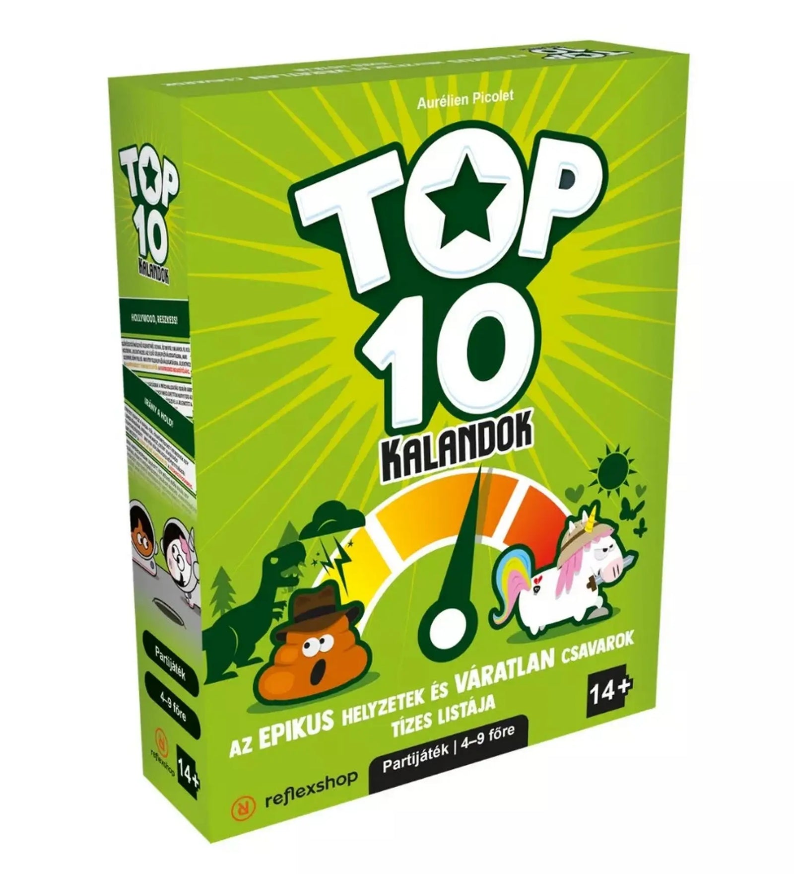 Top 10 Kalandok magyar nyelvű társasjáték zöld doboza unikornisos és kalapos karakterekkel.