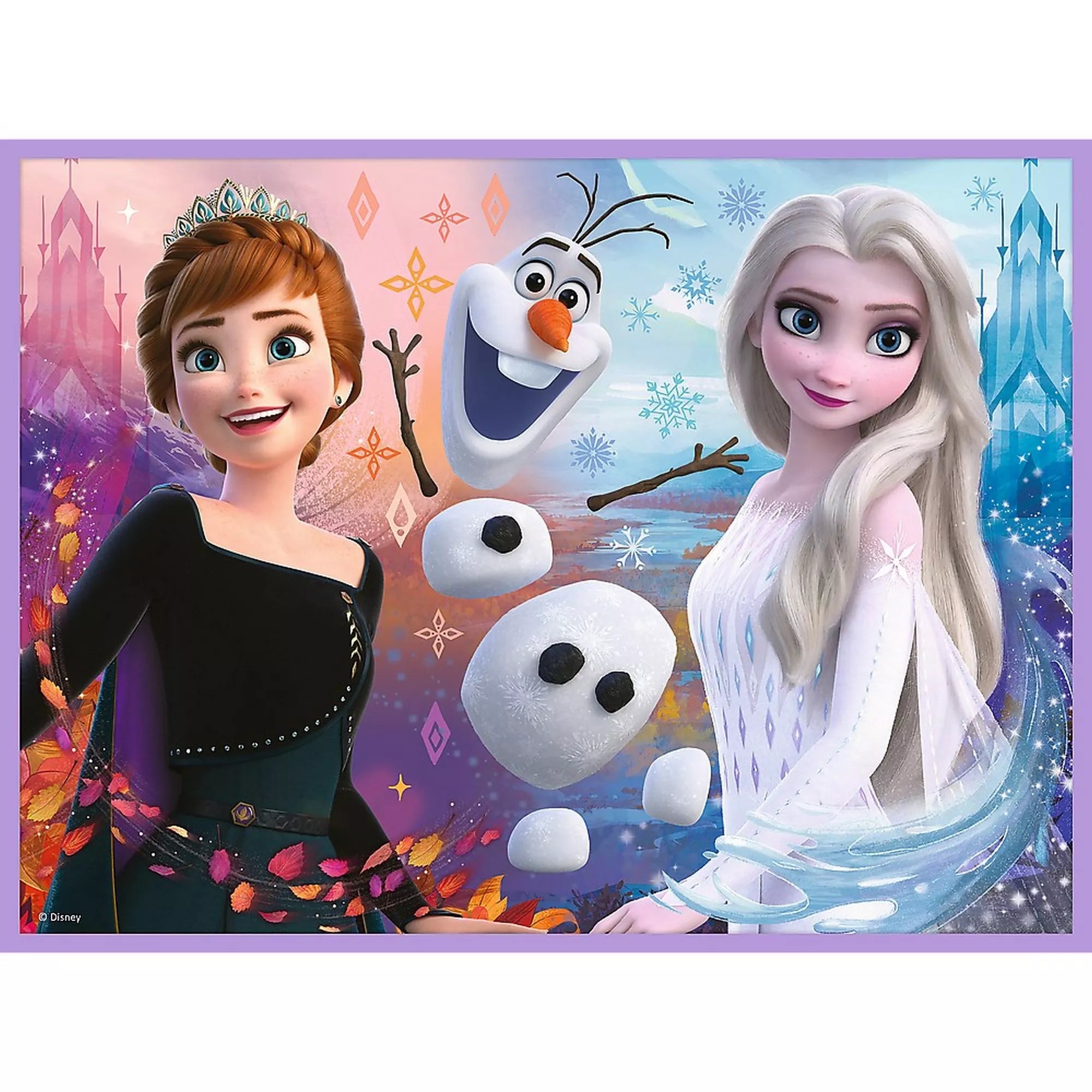 Disney Jégvarázs 2 puzzle kész kép, amelyen Anna és Elsa portréja látható Olaf hóemberrel, színes, varázslatos háttérrel, részletgazdag illusztrációval, gyerek puzzle formátumban.