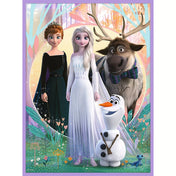 Disney Jégvarázs 2 puzzle illusztráció, amelyen Anna, Elsa, Sven a rénszarvas és Olaf együtt szerepelnek egy mesebeli erdei környezetben, finom színekkel és dekoratív mintákkal.