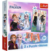 Disney Jégvarázs 2 2 az 1-ben puzzle és memóriajáték dobozképe, amelyen Anna, Elsa, Olaf és Sven láthatók, a 30 és 48 darabos puzzle-képek és a 24 lapos memóriajáték elemei