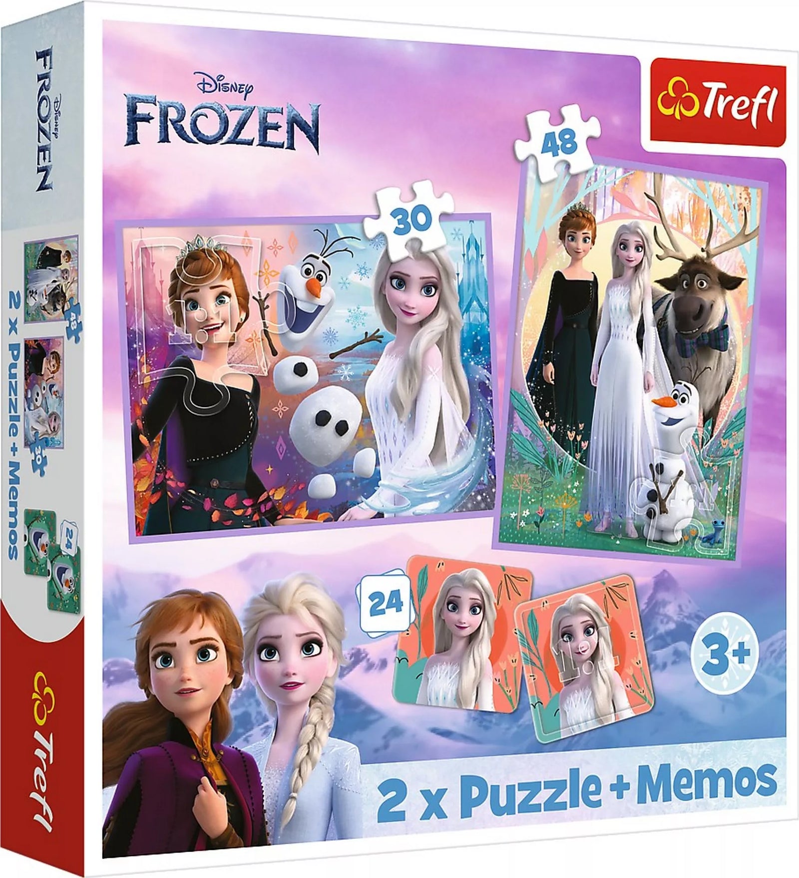 Disney Jégvarázs 2 2 az 1-ben puzzle és memóriajáték dobozképe, amelyen Anna, Elsa, Olaf és Sven láthatók, a 30 és 48 darabos puzzle-képek és a 24 lapos memóriajáték elemei