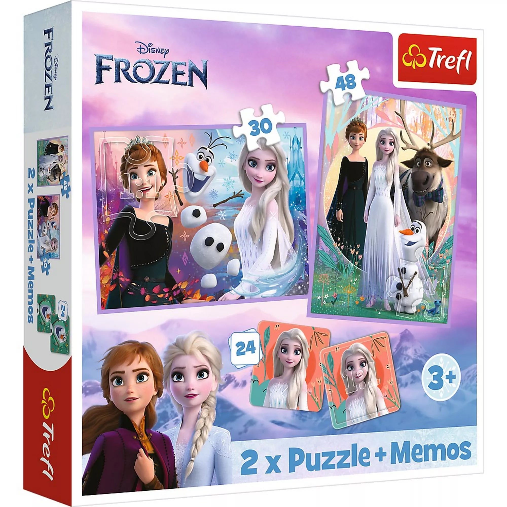 Disney Jégvarázs 2 2 az 1-ben puzzle és memóriajáték dobozképe, amelyen Anna, Elsa, Olaf és Sven láthatók, a 30 és 48 darabos puzzle-képek és a 24 lapos memóriajáték elemei