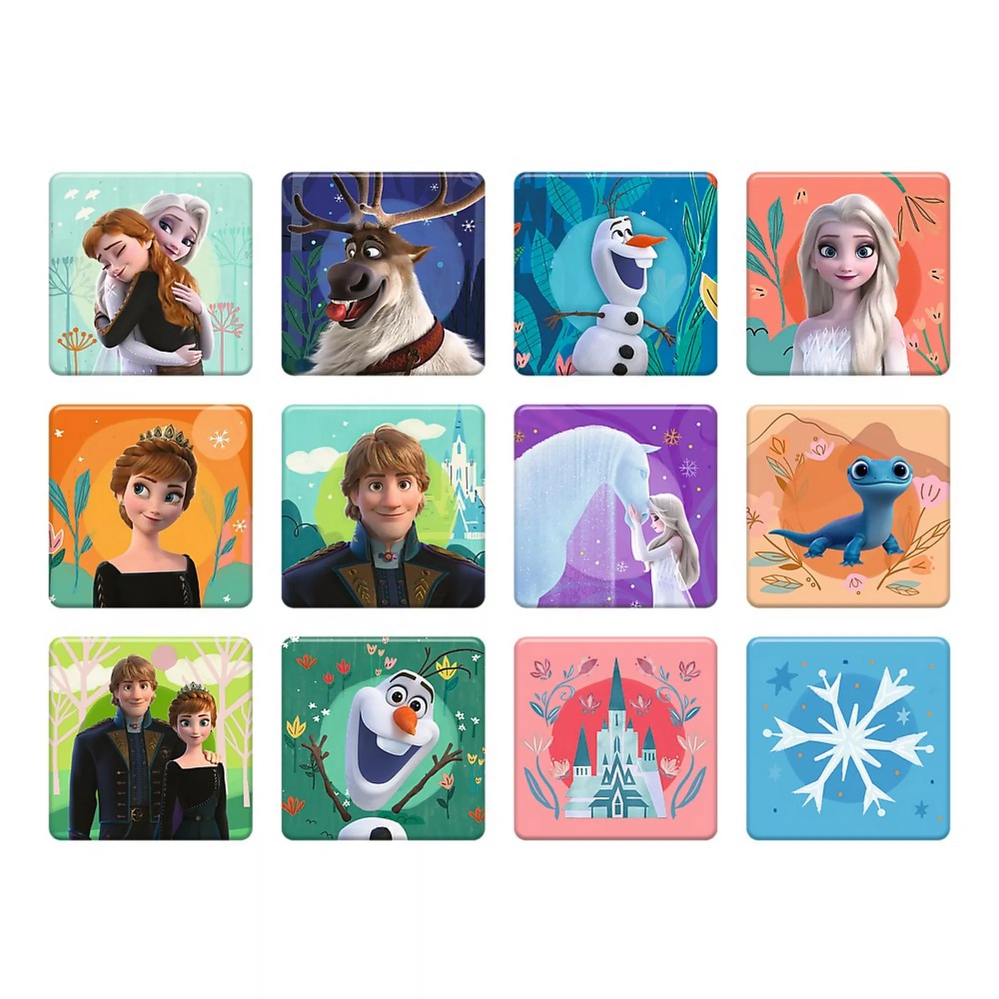 Disney Jégvarázs 2 memóriajáték kártyák, amelyeken Elsa, Anna, Olaf, Kristoff, Sven és további ikonikus motívumok láthatók, színes, gyermekbarát kialakítással, párosító memóriakártya formában.