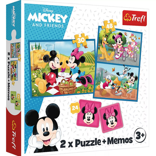 Trefl Mickey egér és barátai 2 az 1-ben puzzle és memóriajáték dobozképe, amelyen Mickey, Minnie, Donald, Daisy, Goofy és Pluto láthatók, 30 és 48 darabos puzzle-képek és 24 lapos memóriakártyák