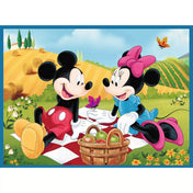 Mickey egér és Minnie egér puzzle kész kép, piknikezős jelenettel, gyümölcsös kosárral, virágos réten, vidám, színes illusztrációval, klasszikus Disney stílusban.