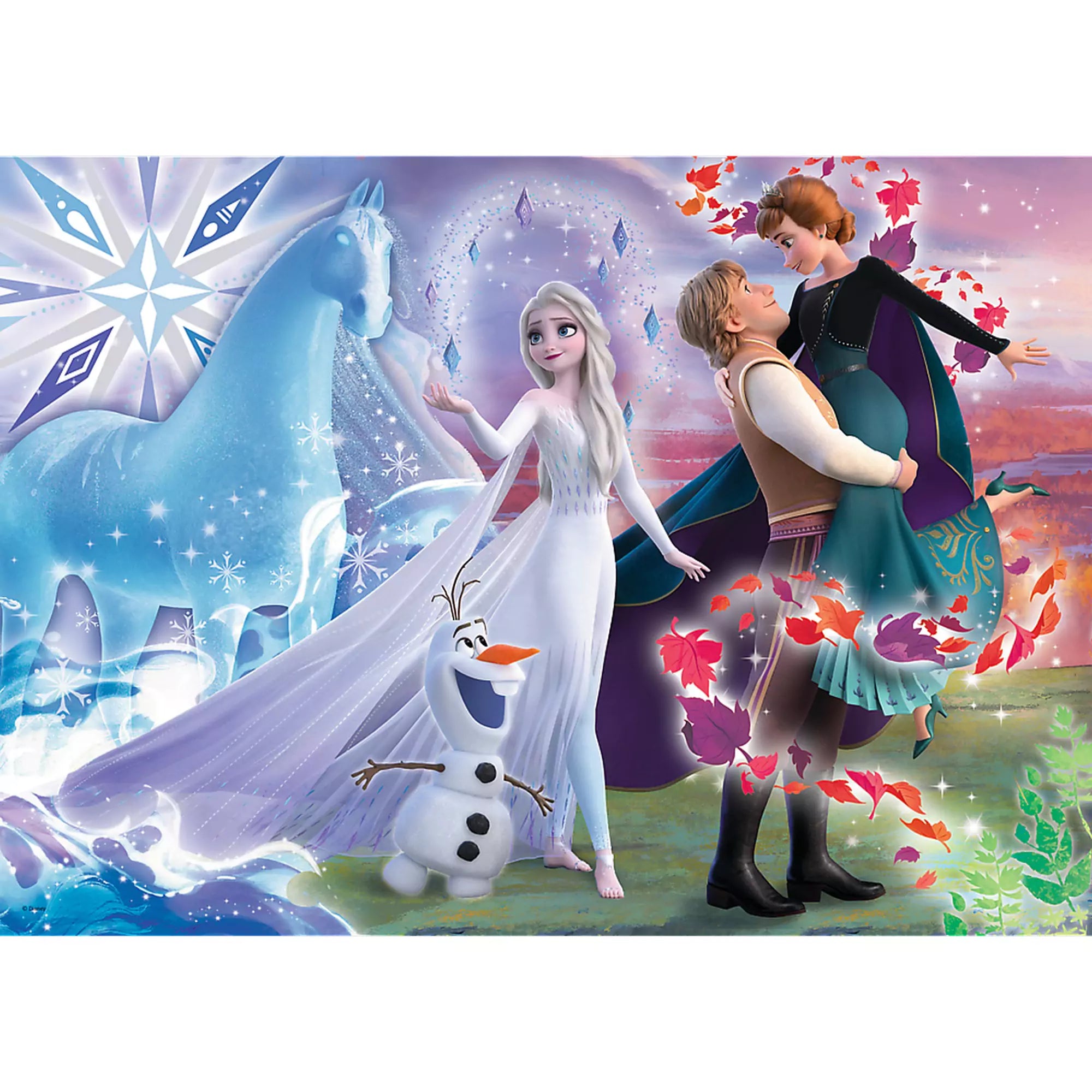 Trefl Puzzle: Frozen II 200 darabos kirakó – Csodálatos jelenet a Jégvarázs II. című filmből, Elzával, Annával, Kristoffal, Oláffal és Nokk-kal, varázslatos téli háttérrel.