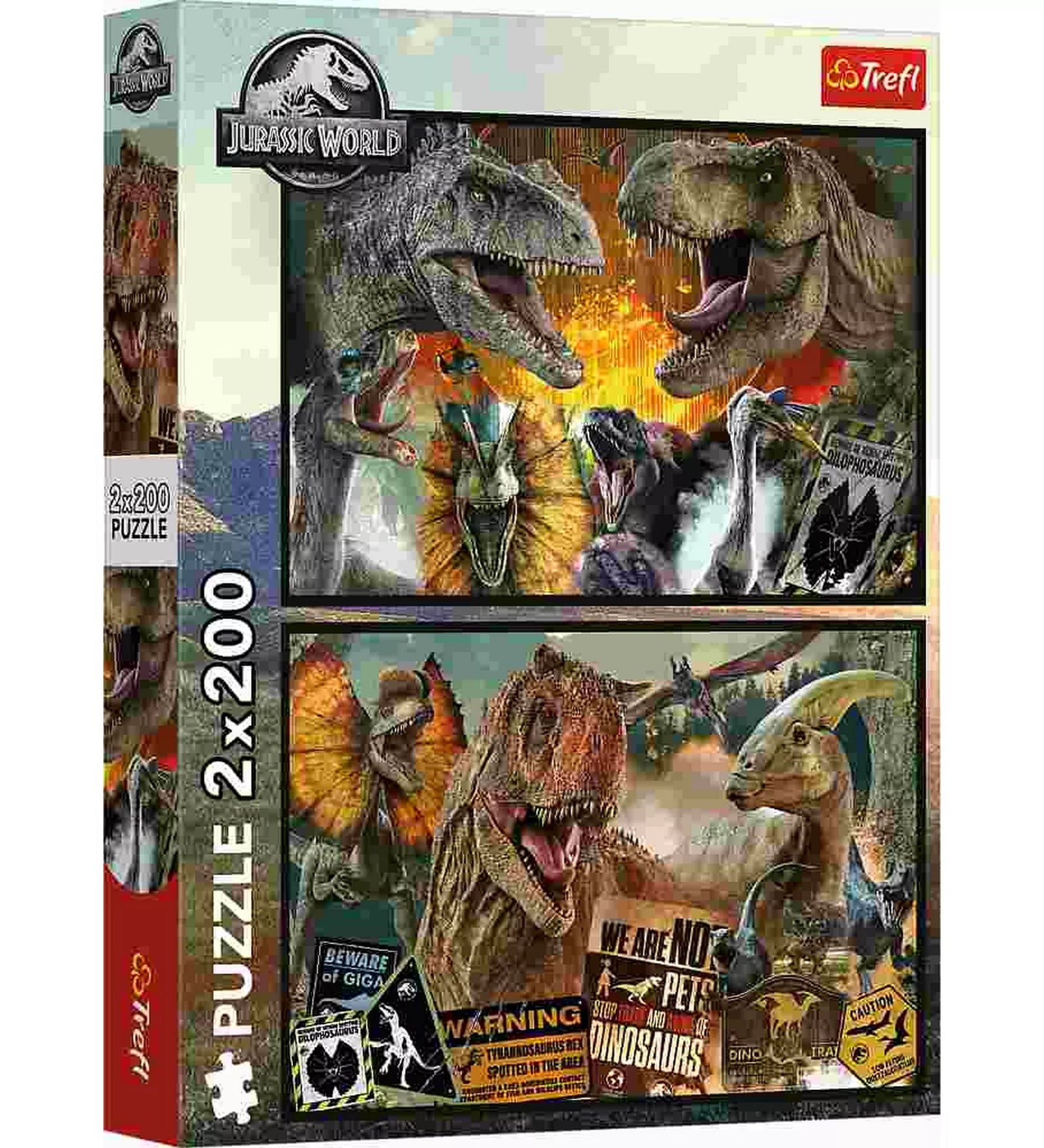 Trefl Jurassic World 2 × 200 darabos puzzle dobozképe, amelyen több ikonikus dinoszaurusz látható, köztük Tyrannosaurus rex és Dilophosaurus, sötét hangulatú, látványos illusztrációkkal és filmes stílusú grafikai elemekkel.