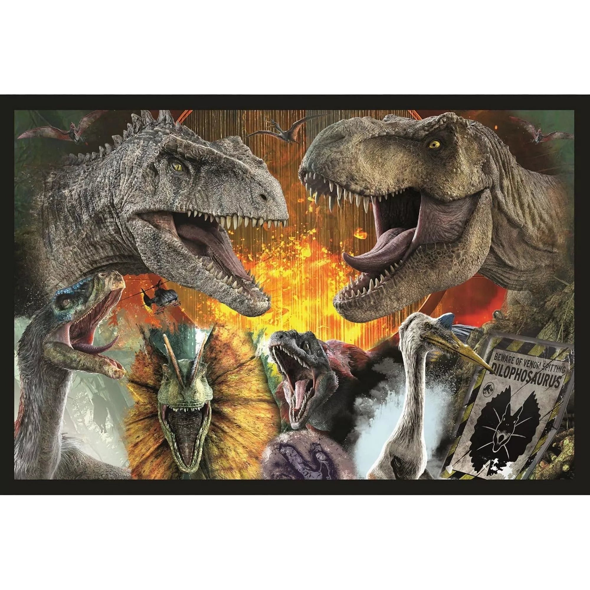 Jurassic World puzzle kész kép, amelyen több ragadozó dinoszaurusz, köztük Tyrannosaurus rex és Dilophosaurus látható üvöltő pózban, robbanásszerű háttérrel, intenzív színekkel és részletgazdag, mozgalmas jelenettel.