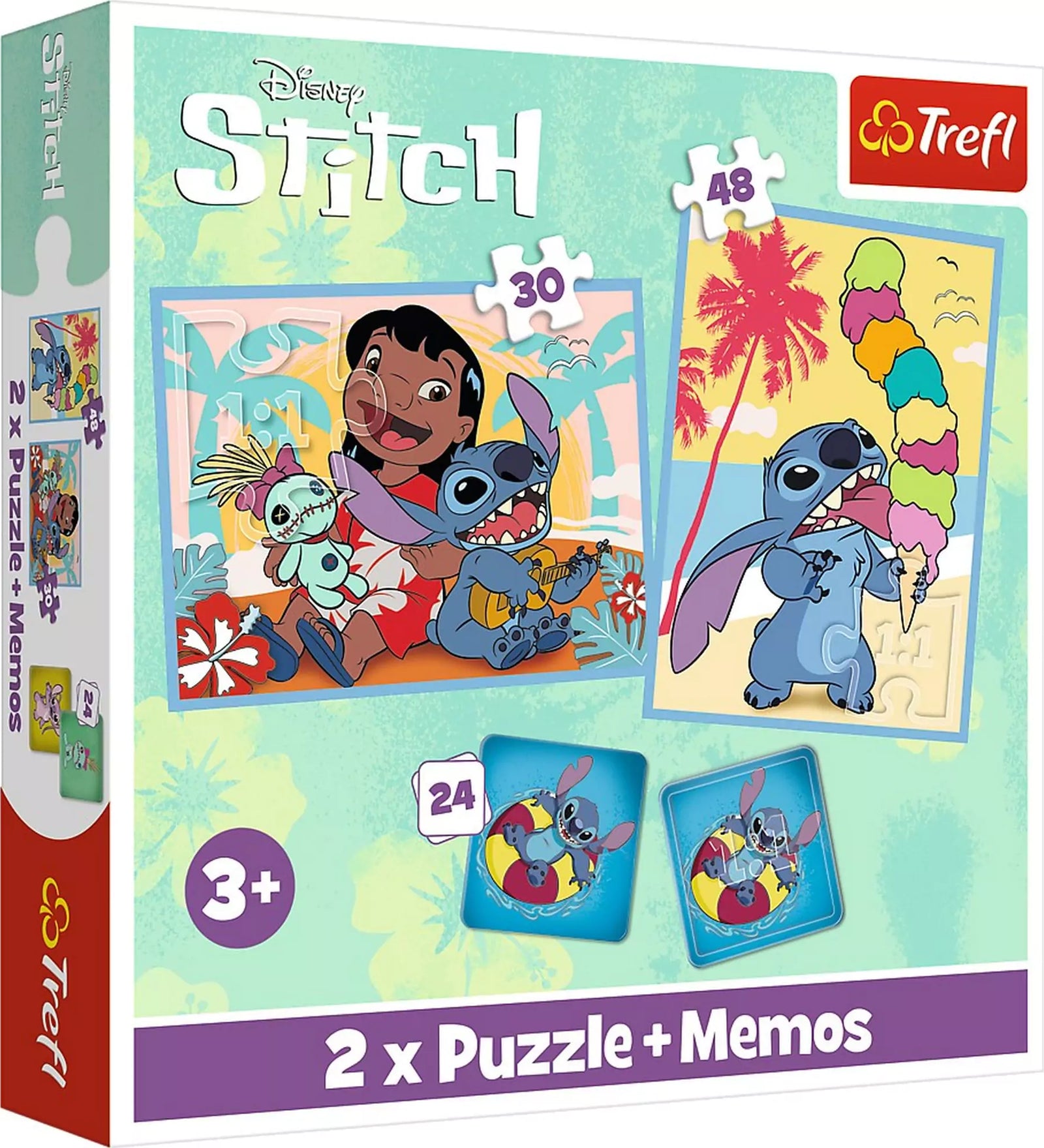 Trefl Lilo és Stitch 2 az 1-ben puzzle és memóriajáték doboz képe, 30 és 48 darabos kirakóval, valamint 24 darabos memóriajátékkal.