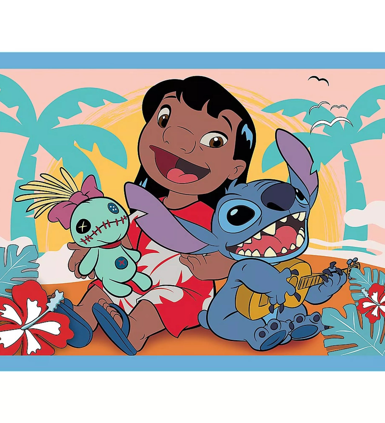 Trefl Lilo és Stitch puzzle: Lilo, Stitch és Scrump baba vidám, nyári háttérrel, 30 darabos kirakó kép.