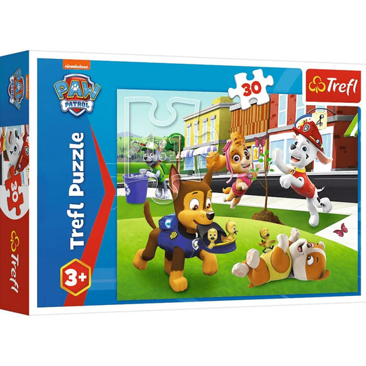 A Trefl 30 darabos Mancs őrjárat akcióban puzzle doboza, amelyen a híres kutyamentő csapat szerepel.