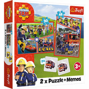 Fireman Sam 2 x Puzzle + Memos dobozképe, amelyen a rajzfilmsorozat szereplői, tűzoltóautó, mentési jelenetek, valamint a 30 és 48 darabos puzzle és a memóriajáték elemei láthatók