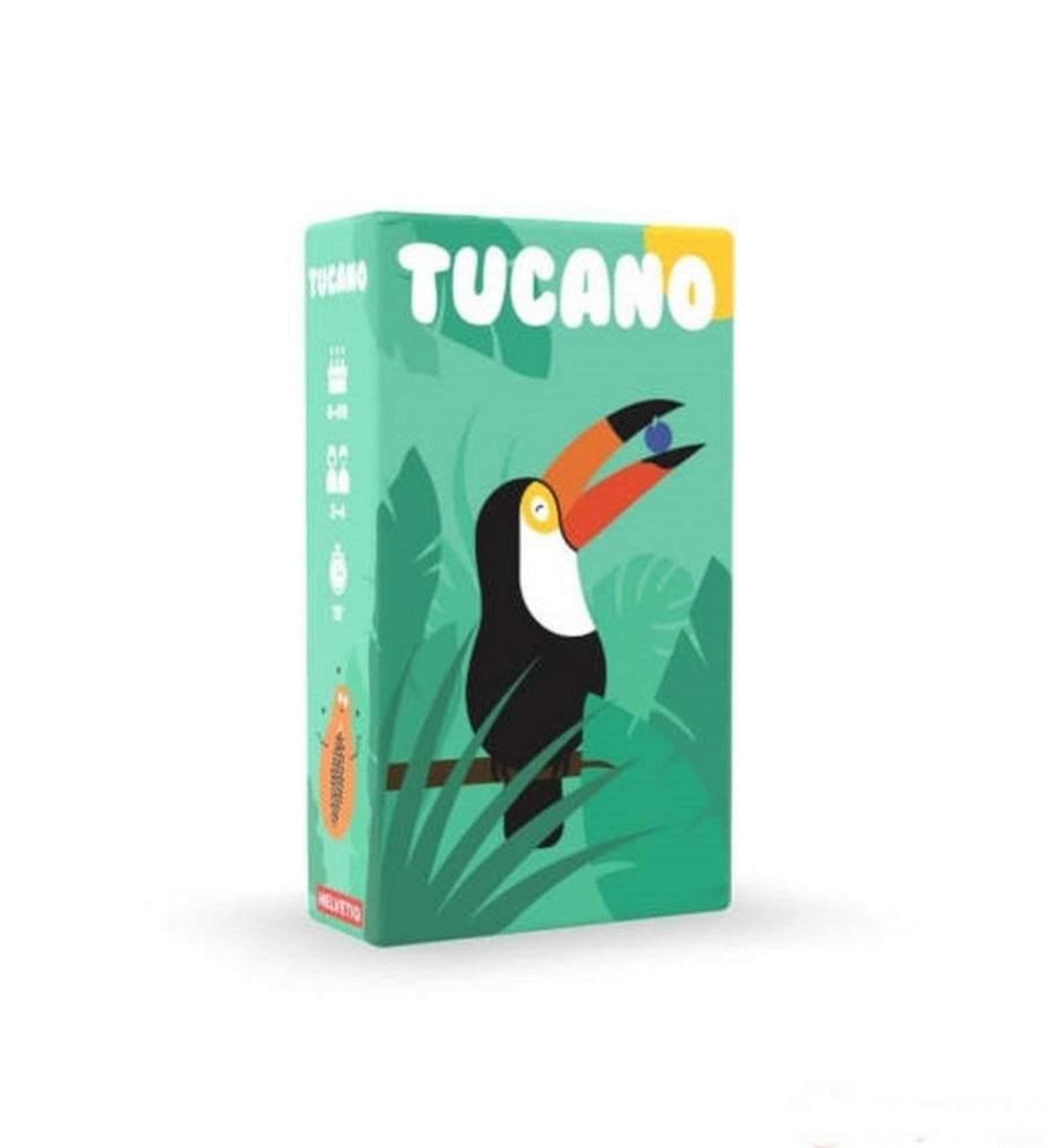 Tucano társasjáték doboza, rajta egy tukán és a dzsungel hangulatát idéző grafika.
