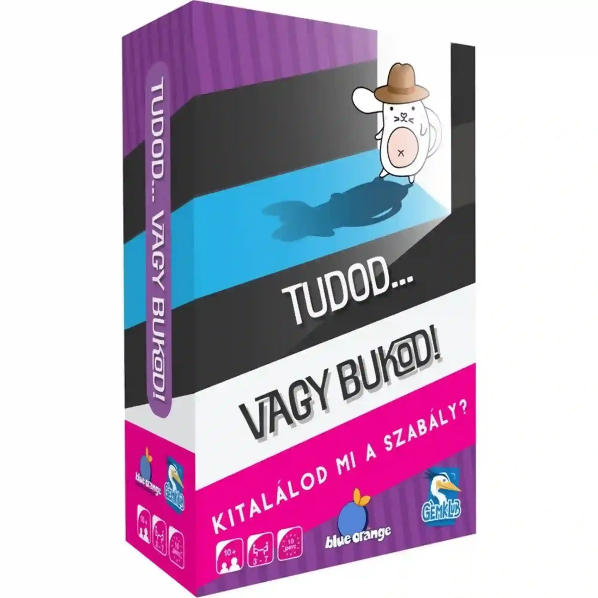 Tudod... vagy bukod! magyar nyelvű társasjáték lila, fekete és rózsaszín doboza, kalapos fehér állatfigurával.