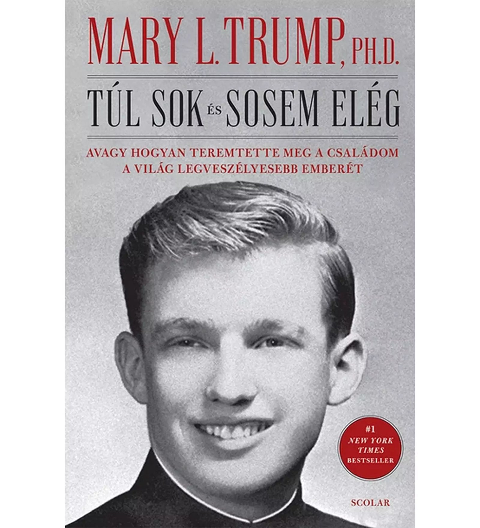 A túl sok és sosem elég: Avagy hogyan teremtette meg a családom a világ legveszélyesebb emberét könyv borítója, rajta Donald Trump fiatalkori fényképével.