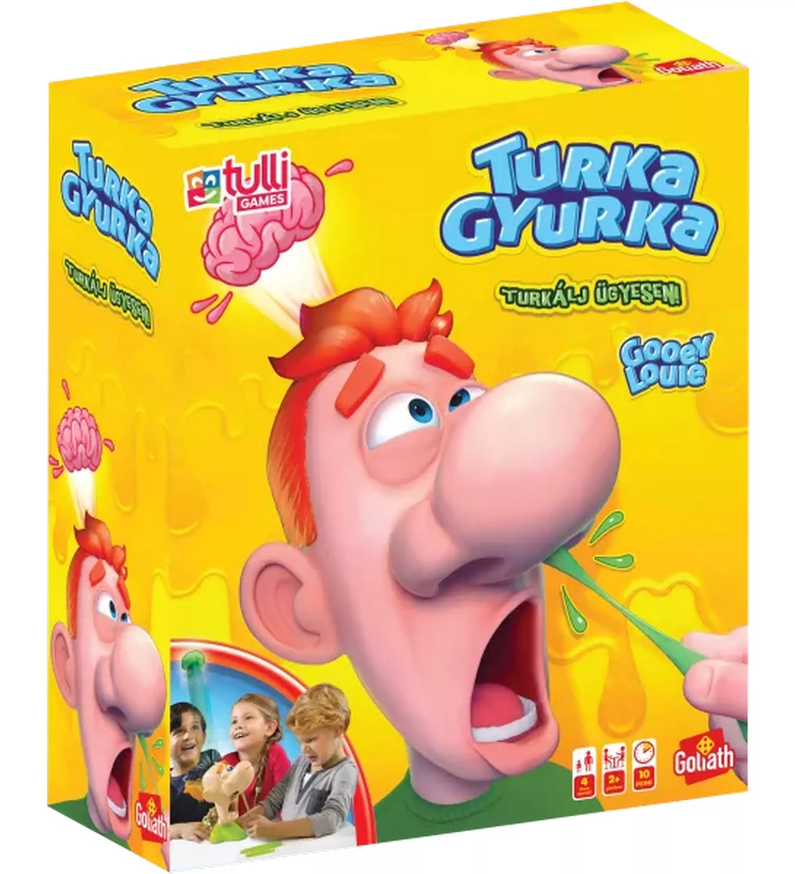 A Turka Gyurka társasjáték doboza, vidám sárga háttérrel, rajta a karakter hatalmas orral és kilövellő aggyal. A dobozon látható a játék logója és a nevető gyerekek illusztrációja.