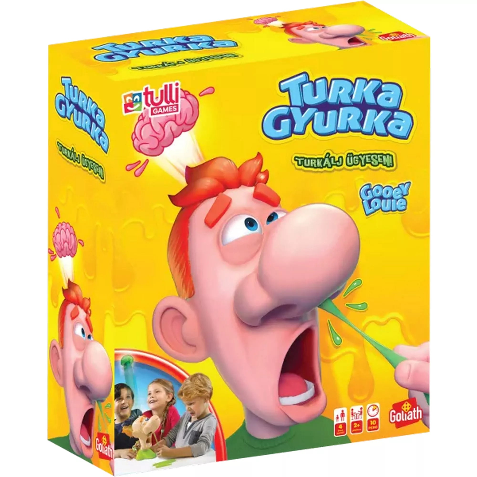 A Turka Gyurka társasjáték doboza, vidám sárga háttérrel, rajta a karakter hatalmas orral és kilövellő aggyal. A dobozon látható a játék logója és a nevető gyerekek illusztrációja.