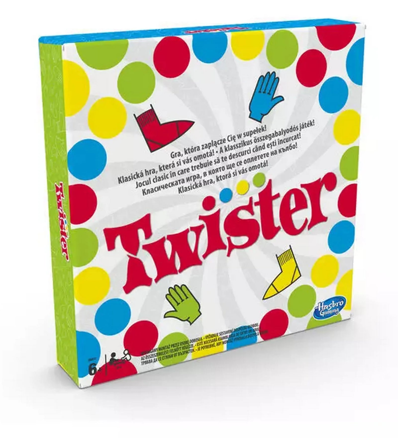 A Twister társasjáték színes pöttyökkel díszített doboza, nagy piros logóval a középen.