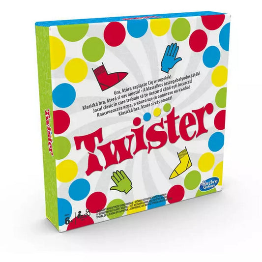 A Twister társasjáték színes pöttyökkel díszített doboza, nagy piros logóval a középen.