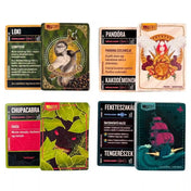 Az Unmatched: Legendák ligája – Harmadik felvonás négy hősének karakterkártyái: Loki, Pandóra, Chupacabra és Feketeszakáll, valamint egyedi képesség- és segítőkártyáik.