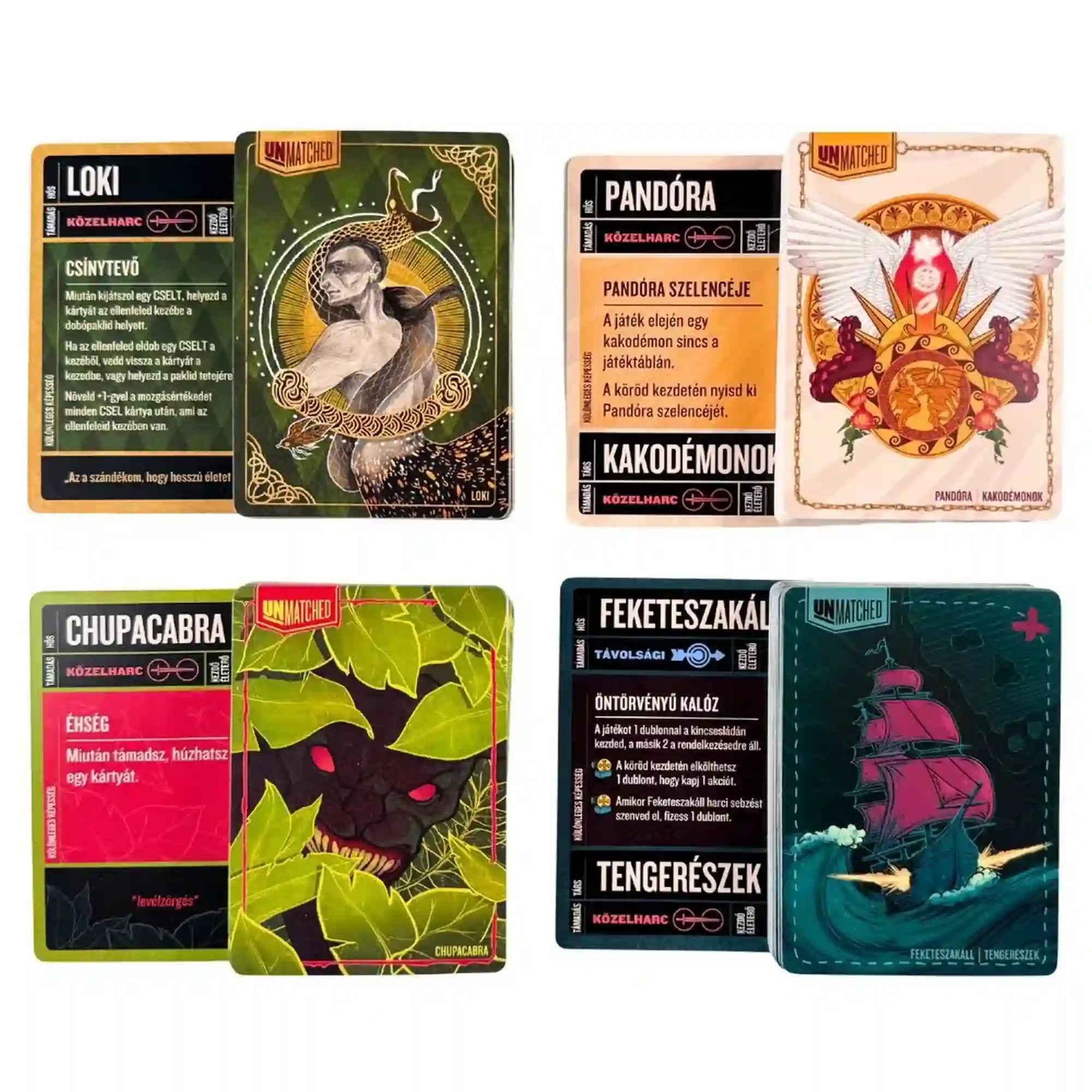 Az Unmatched: Legendák ligája – Harmadik felvonás négy hősének karakterkártyái: Loki, Pandóra, Chupacabra és Feketeszakáll, valamint egyedi képesség- és segítőkártyáik.