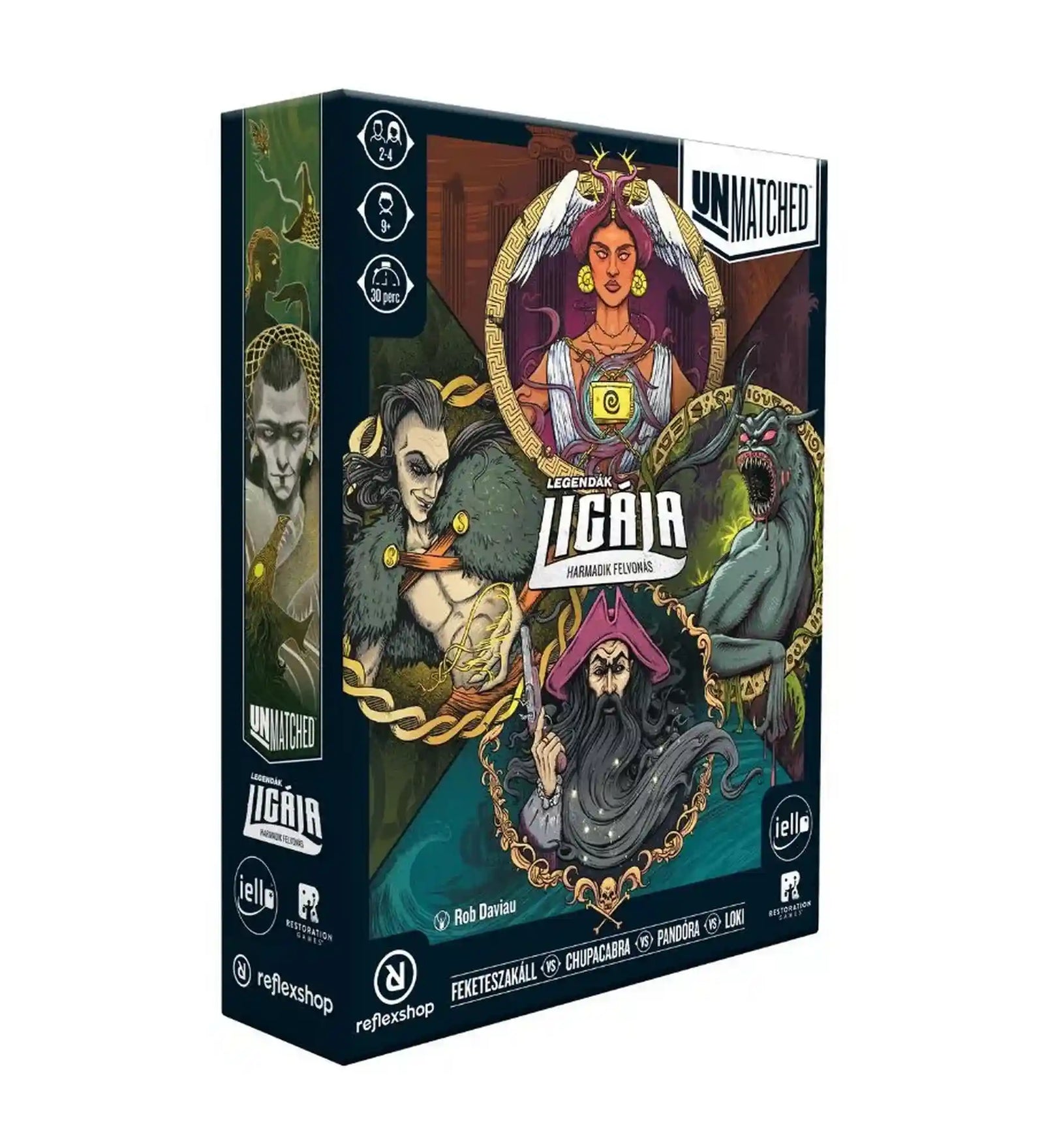 Az Unmatched: Legendák ligája – Harmadik felvonás magyar nyelvű társasjáték doboza, amelyen Loki, Pandóra, Feketeszakáll és Chupacabra látványos illusztrációi szerepelnek.